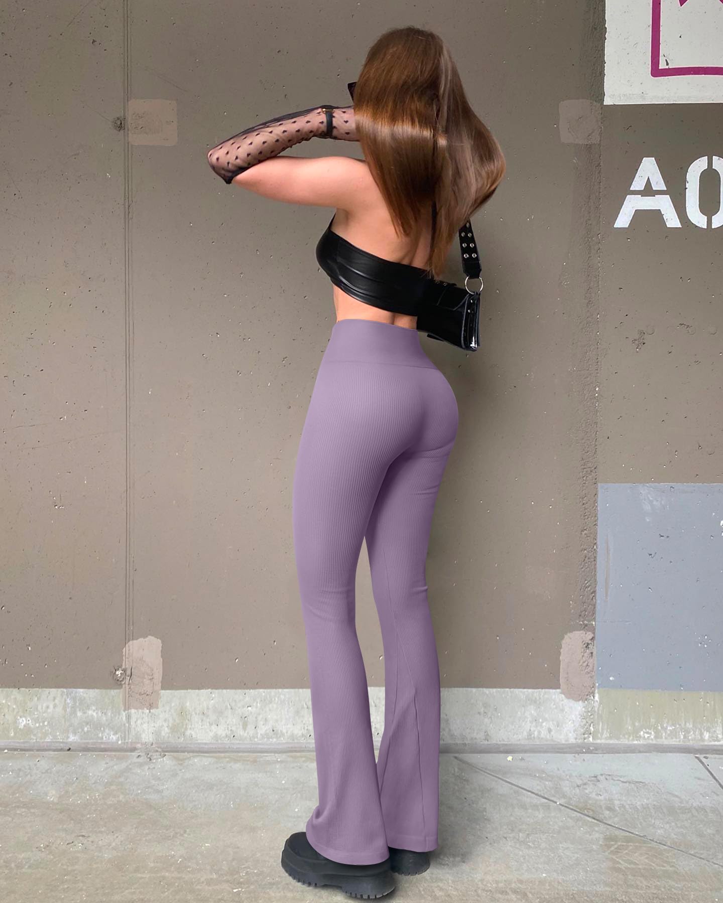 Women's 2 Piece Yoga Pants Ribbed Seamless Workout High Waist Bell Bottoms Flare Leggings