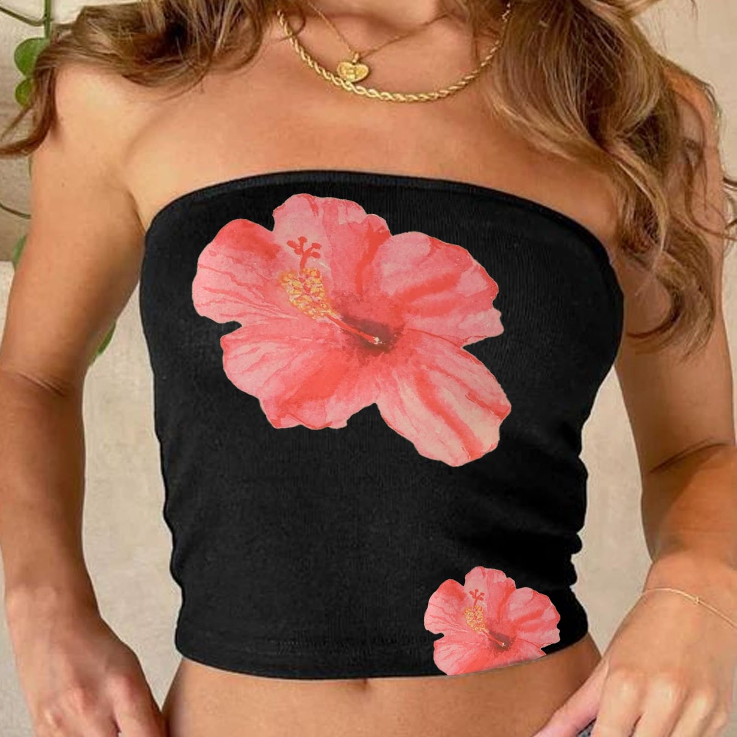 Women Y2k Floral Tube Tops Flower Print Strapless Sleeveless Bandeau Tops