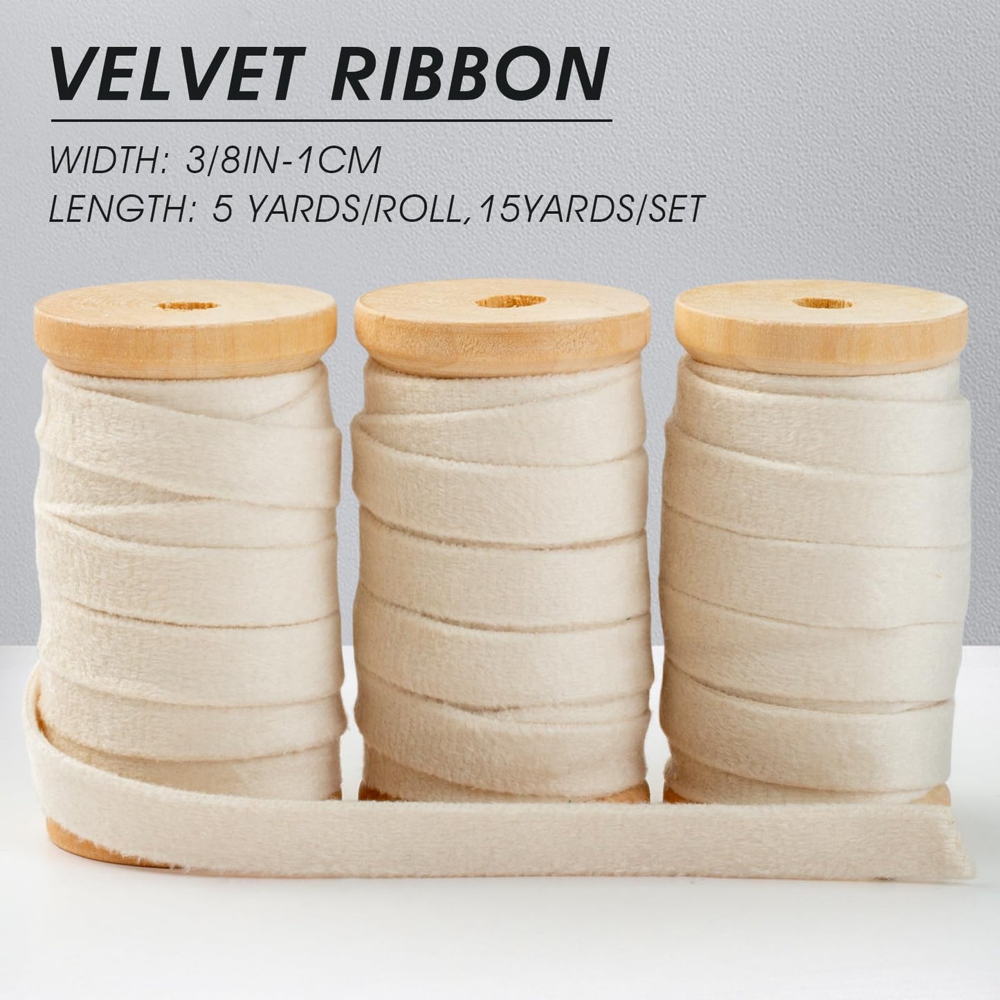 Velvet Ribbon Set: 3 Rolls of 3/8" Wide, 5 Yards Each, on Wooden Spools for Crafts and Decorations