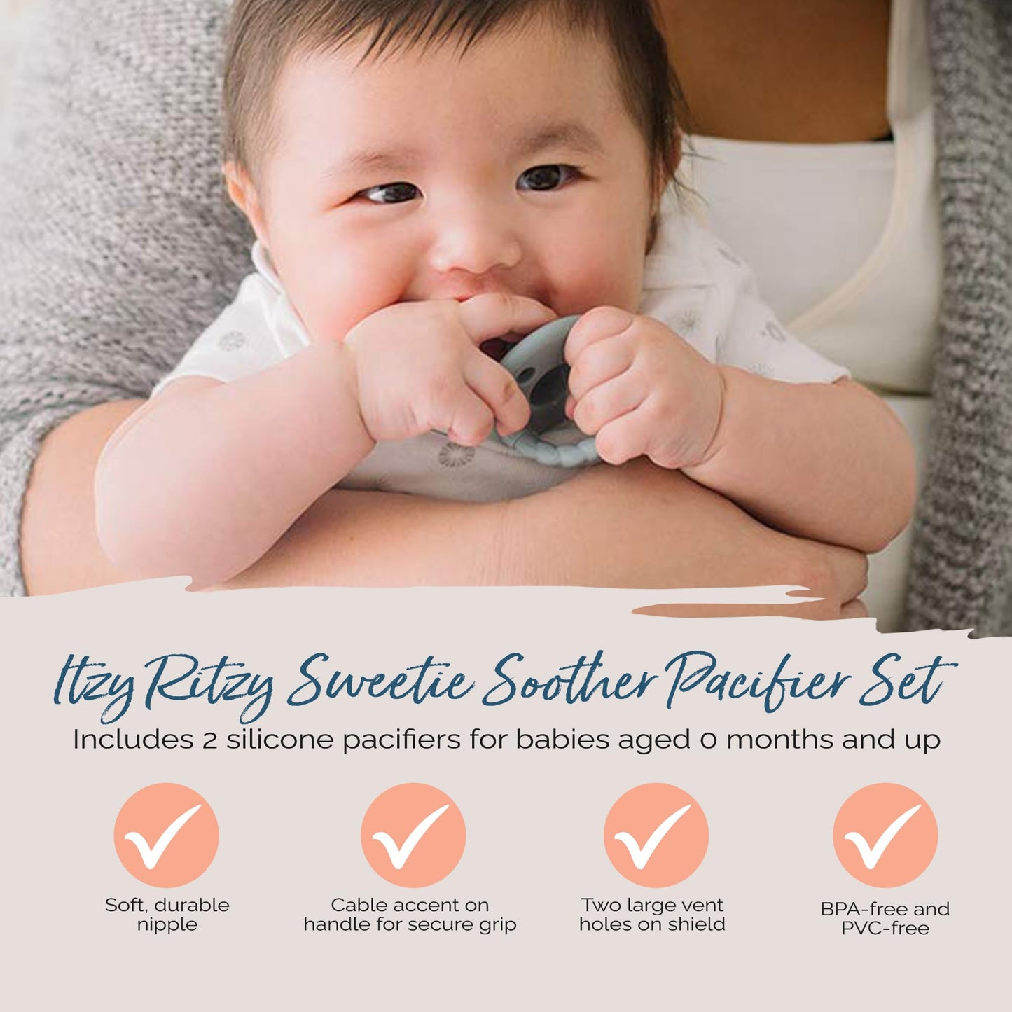 Silicone Pacifiers for Newborn - Sweetie Soother Pacifiers Feature Collapsible Handle & Two Air Holes for Added Safety