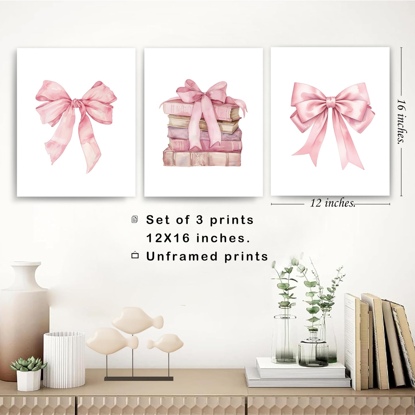 Coquette Pink Bow Girly Books Wall Art Prints Set of 3, 8x10 Unframed