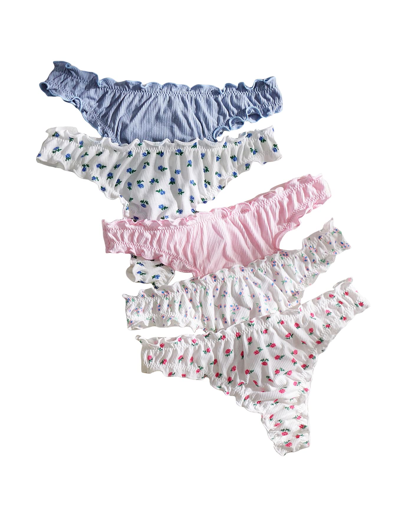 Women's 5pack Floral Print Low Rise Panty Set Frill Trim Textured Soft Underwear