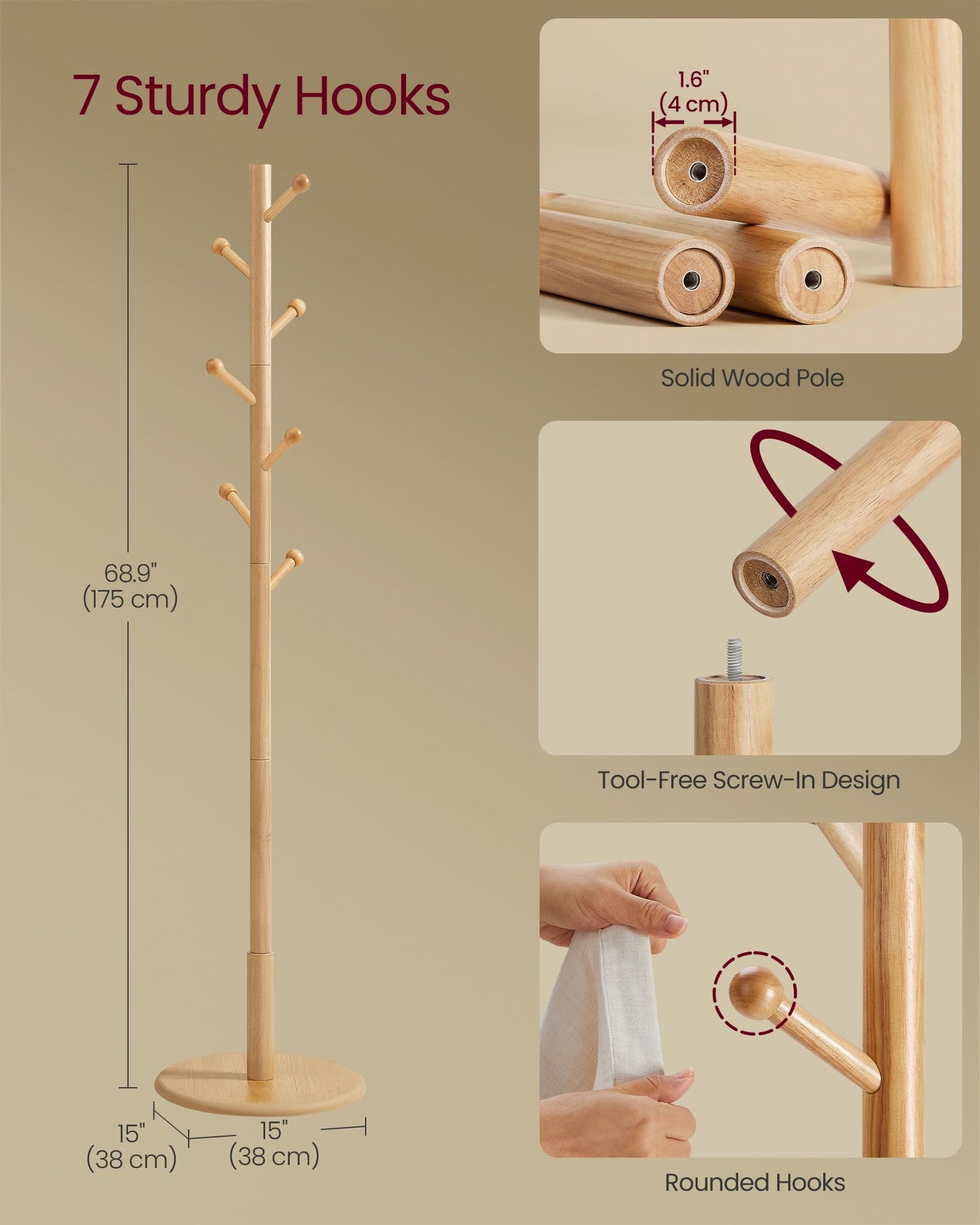 Solid Wood Coat Rack – Free-Standing Tree with 8 Hooks, Adjustable Height for Coats, Hats, and Bags