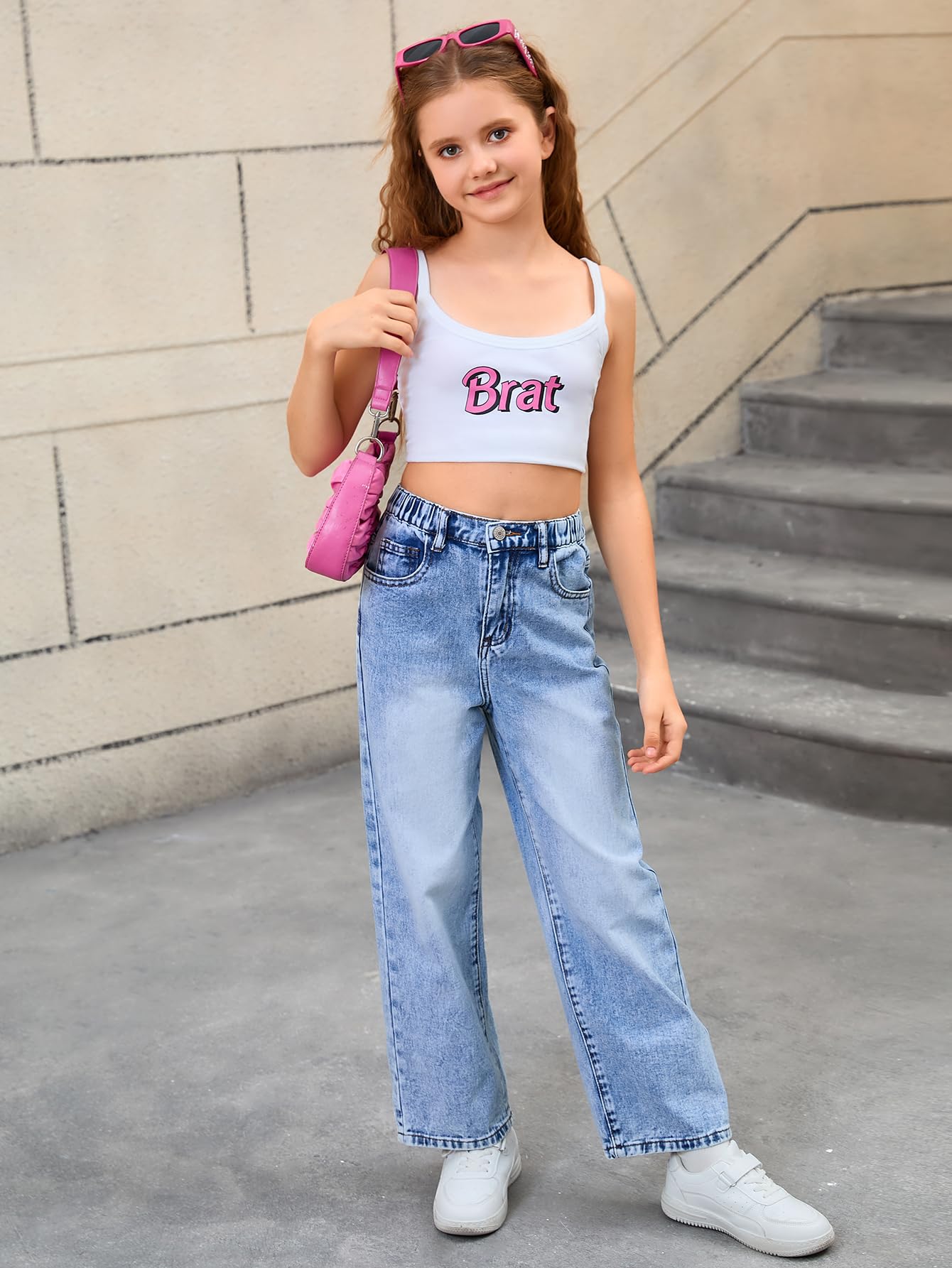 Girl's Bow Print Back Zipper Fly Elastic High Waist Denim Pants Basic Wide Leg Jeans