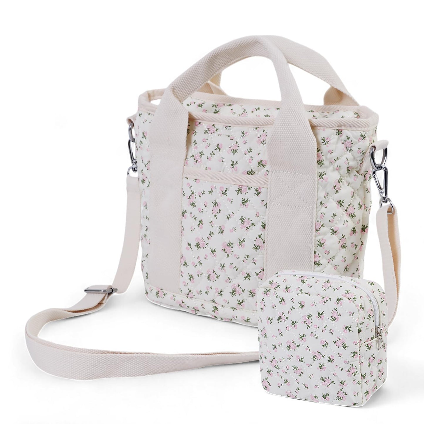 Small Floral Quilted Tote Bag - Cute Crossbody Shoulder Purse with Pockets