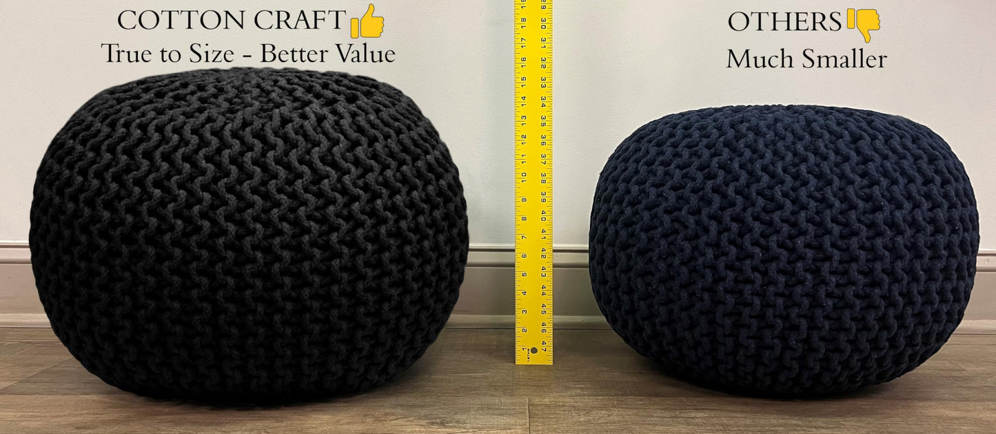 Hand-Knitted Cotton Round Pouf – Braid Cord Ottoman, Footrest, and Accent Seat for Living Room, Nursery, Kids Room, or Dorm Décor – 20x14