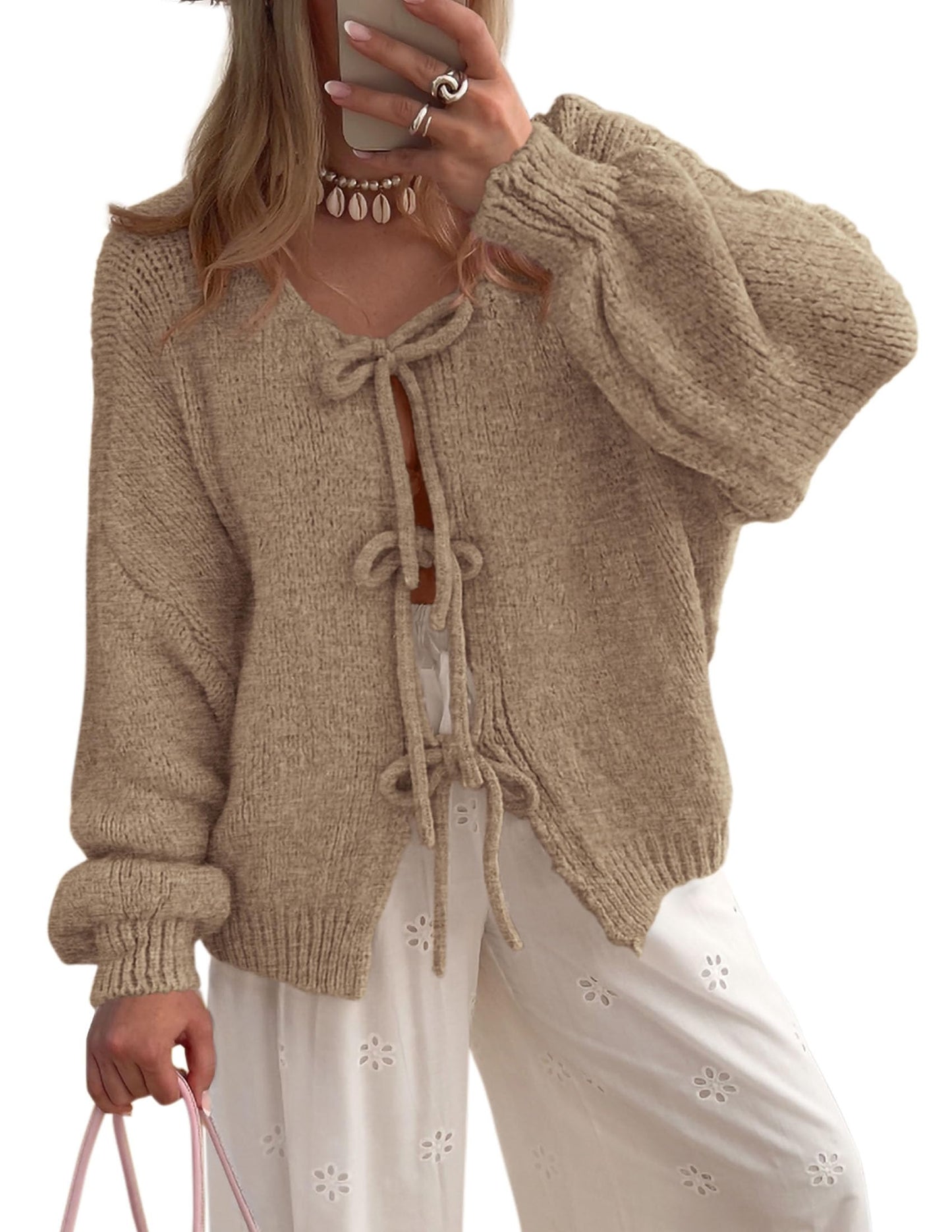 Women's Tie Front Bow Cardigan Sweaters Chunky Knit Long Puff Sleeve