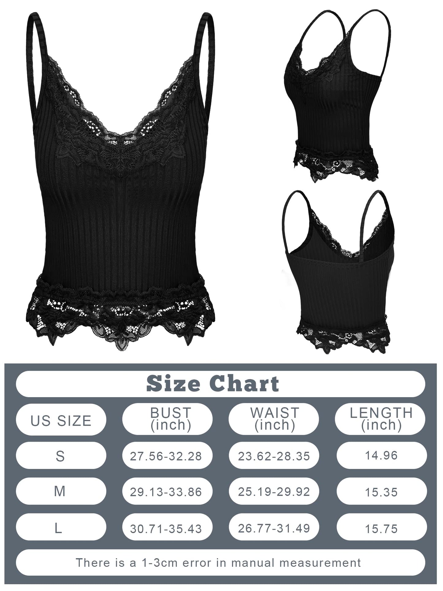 Women's Lace Tank Tops Y2k Camisole Lace Patchwork Crop Tops Grunge Style Ribbed Knitted 3pcs