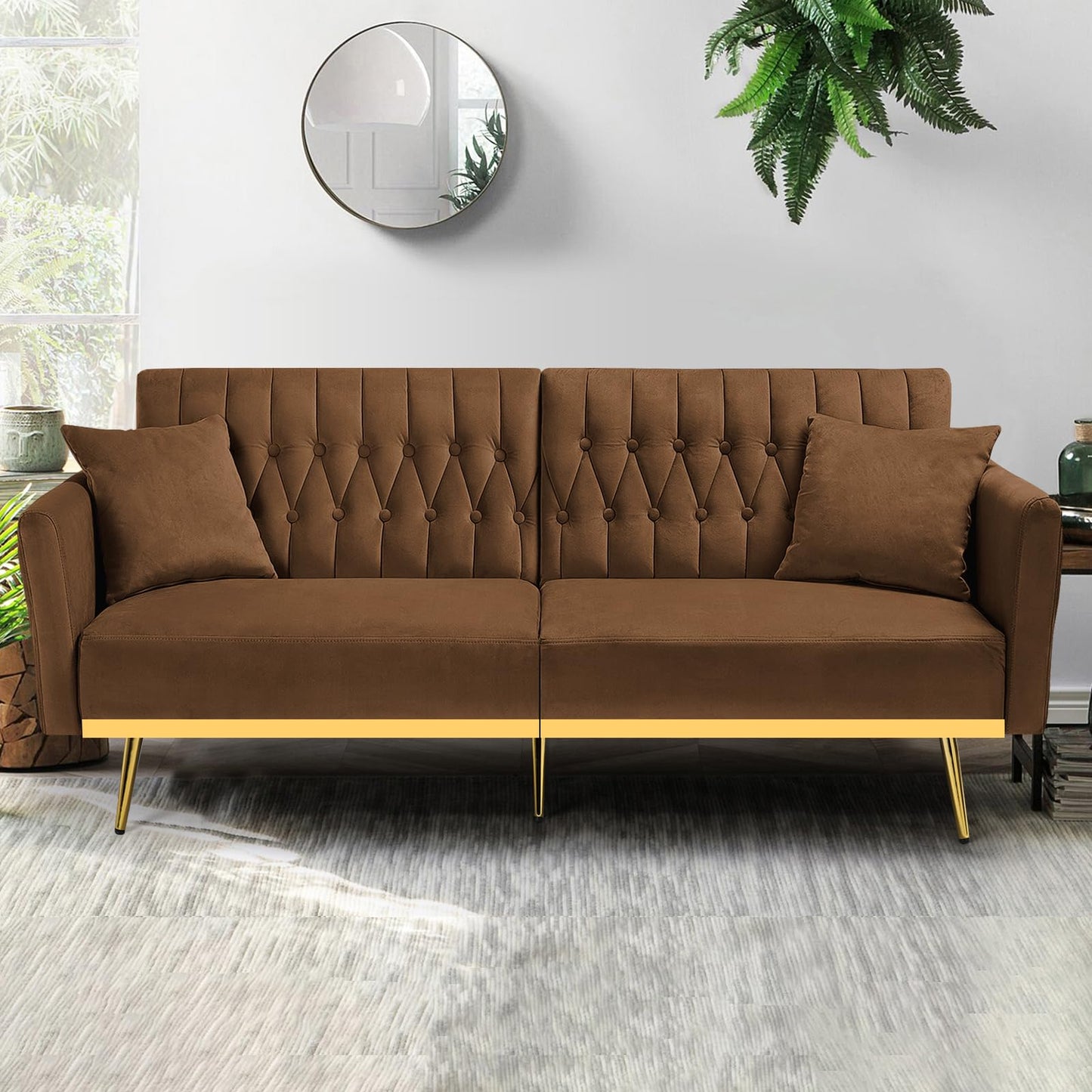 Velvet Futon Sofa Bed with 2 Pillows and Adjustable Armrests, 70”