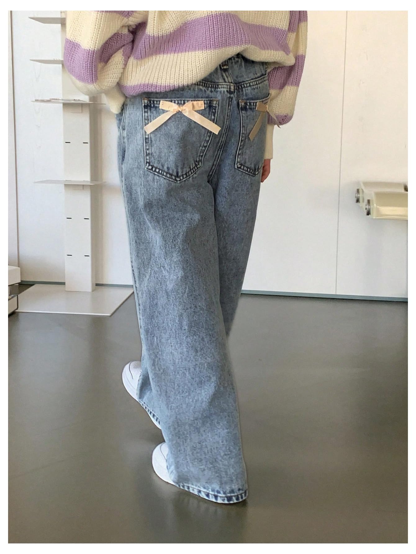 Girl's Bow Print Back Zipper Fly Elastic High Waist Denim Pants Basic Wide Leg Jeans