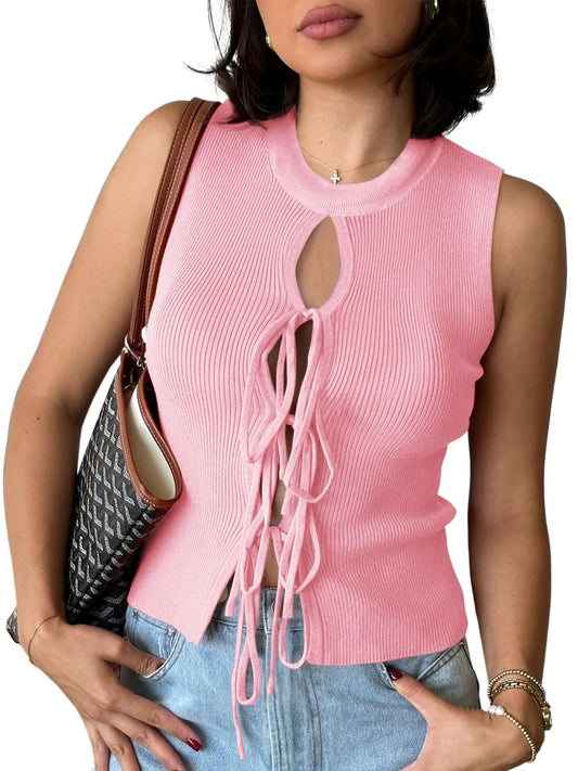 Tie Front Sweater Ribbed Knit Tank Tops