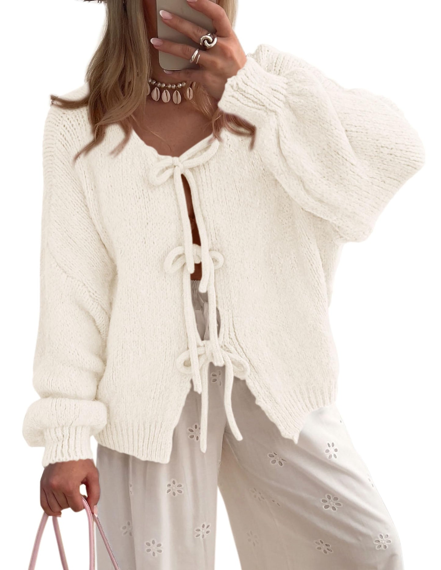 Women's Tie Front Bow Cardigan Sweaters Chunky Knit Long Puff Sleeve