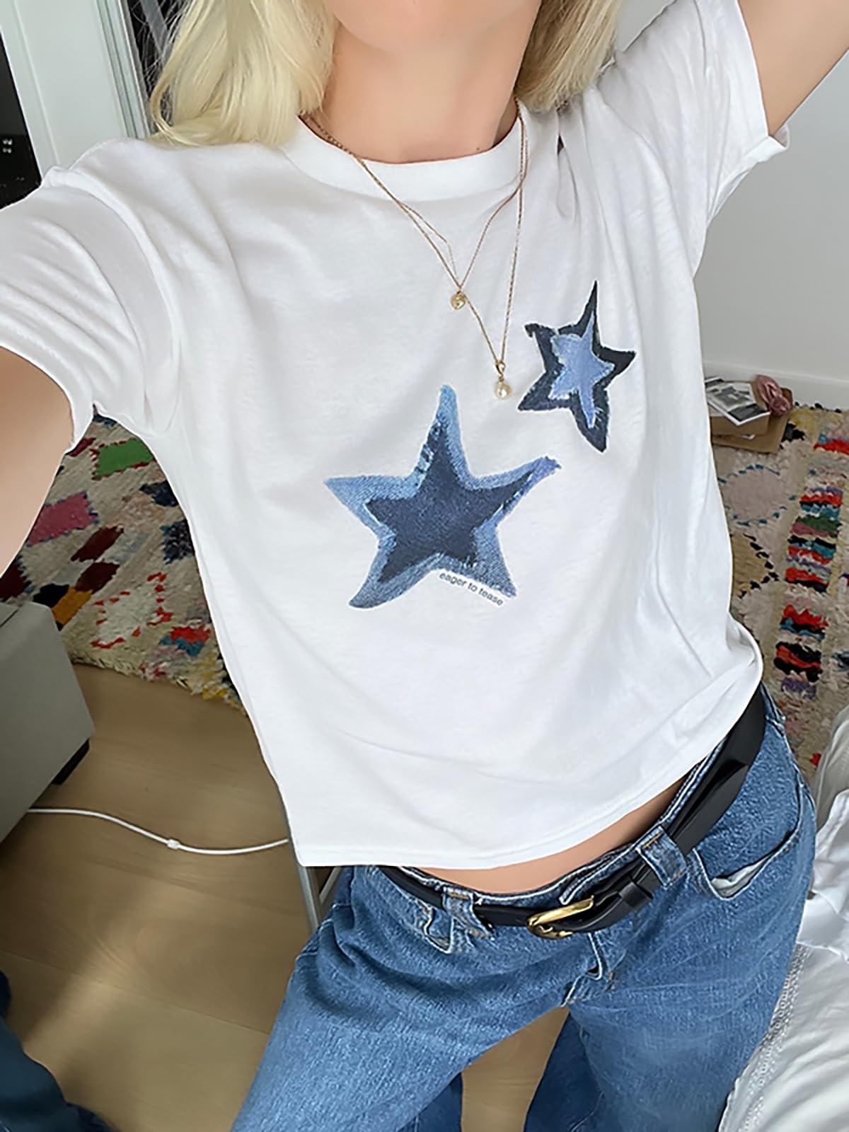 Women Star Print Tees Vintage Y2K Baby Tee