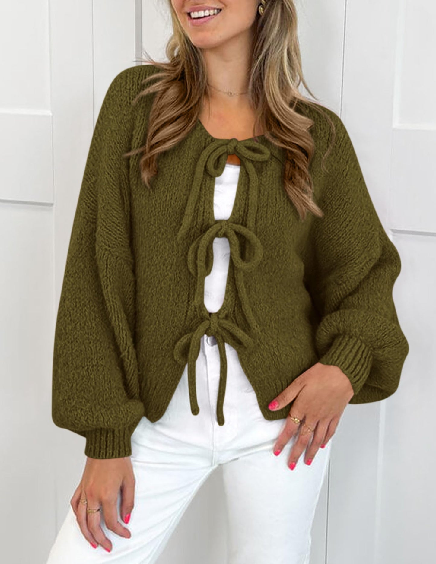 Women's Tie Front Bow Cardigan Sweaters Chunky Knit Long Puff Sleeve