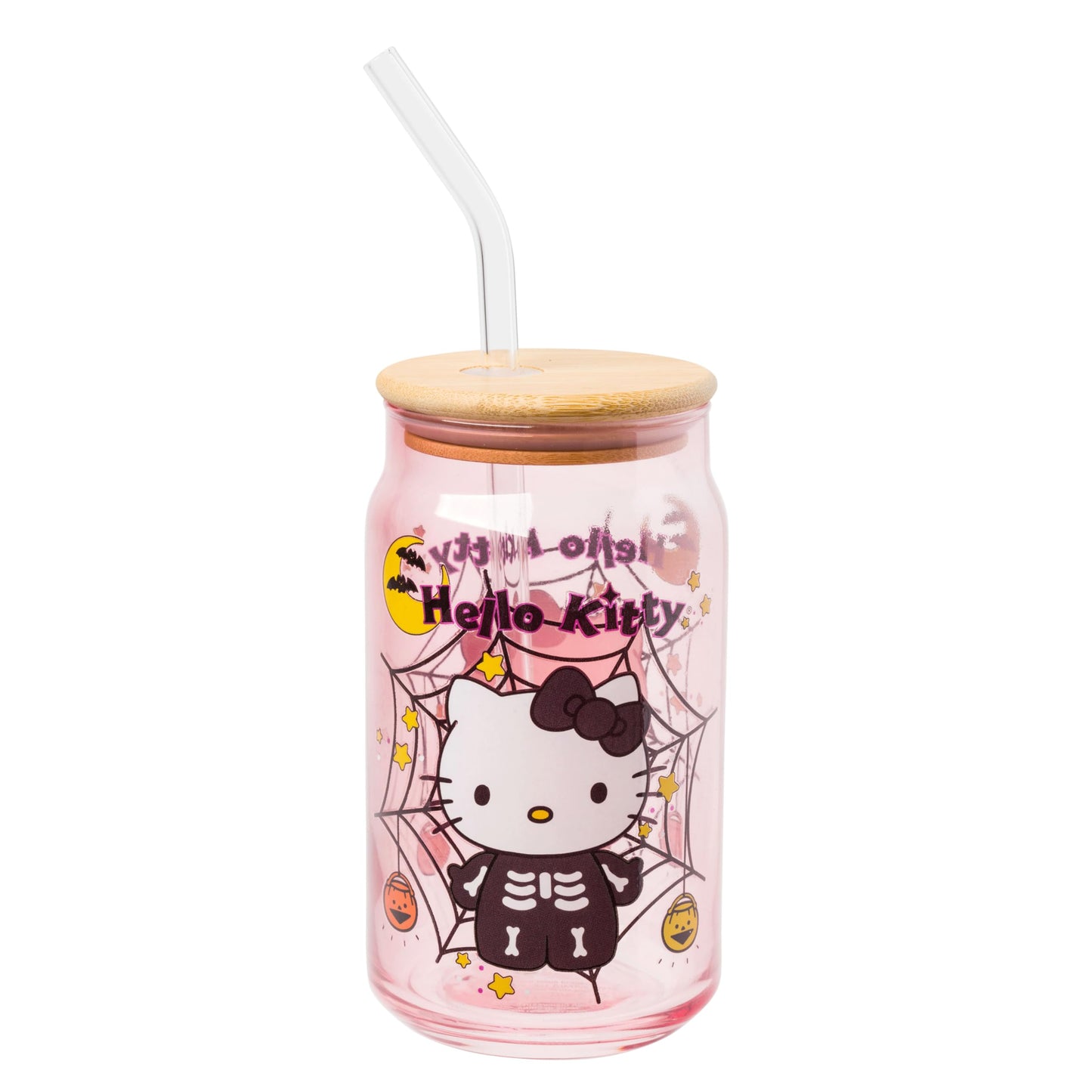 Sanrio Glass Jar Tumbler with Bamboo Lid and Glass Straw, 16 Ounces