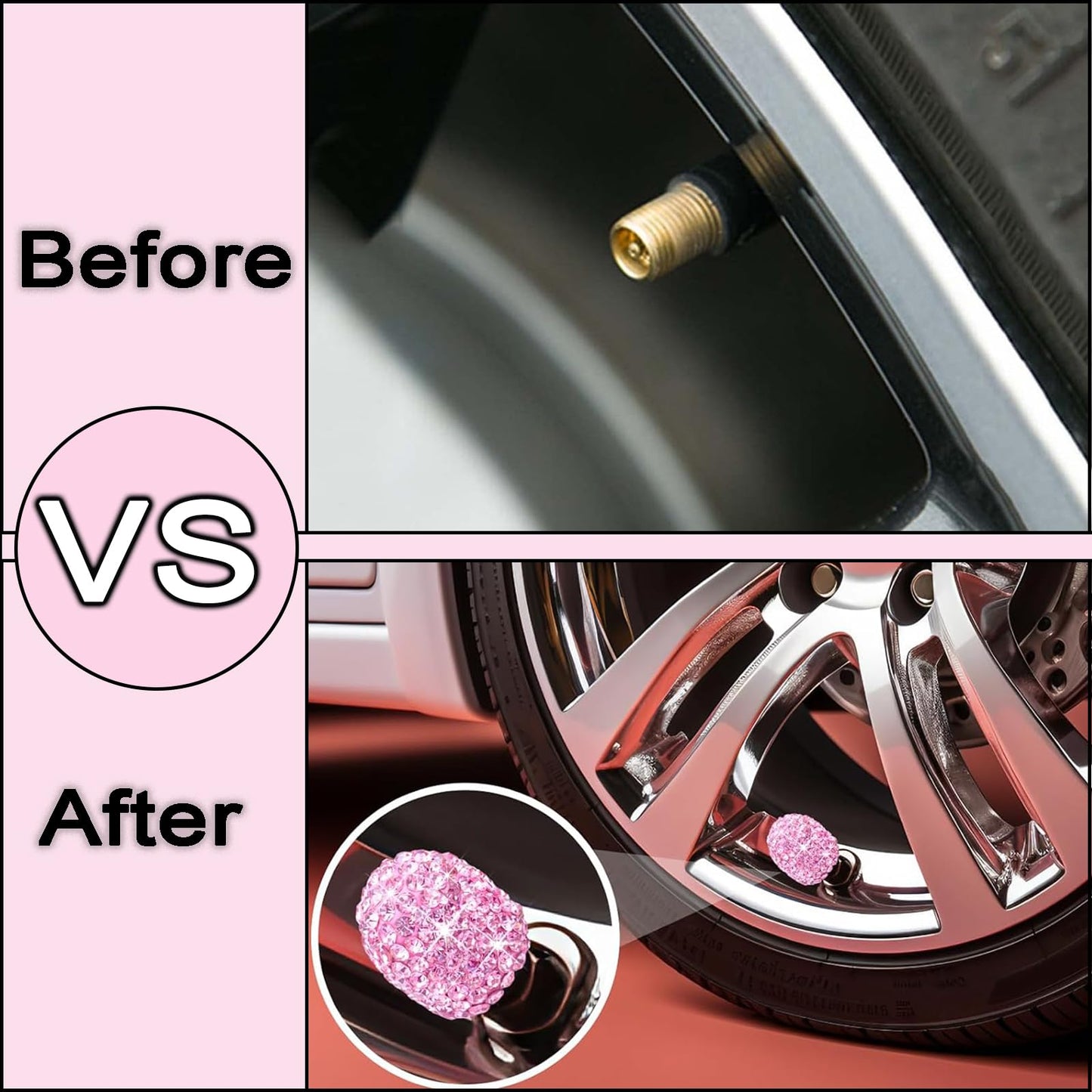 Pink Sparkling Crystal Tire Caps 4Pcs-Universal Car Tire Valve Caps Bling for Car SUV Motorcycle Bicycle Truck