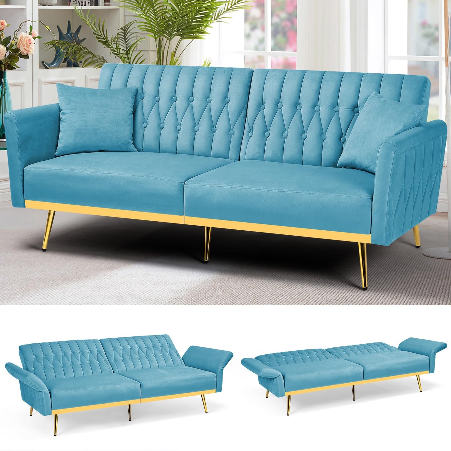 Velvet Futon Sofa Bed with 2 Pillows and Adjustable Armrests, 70”