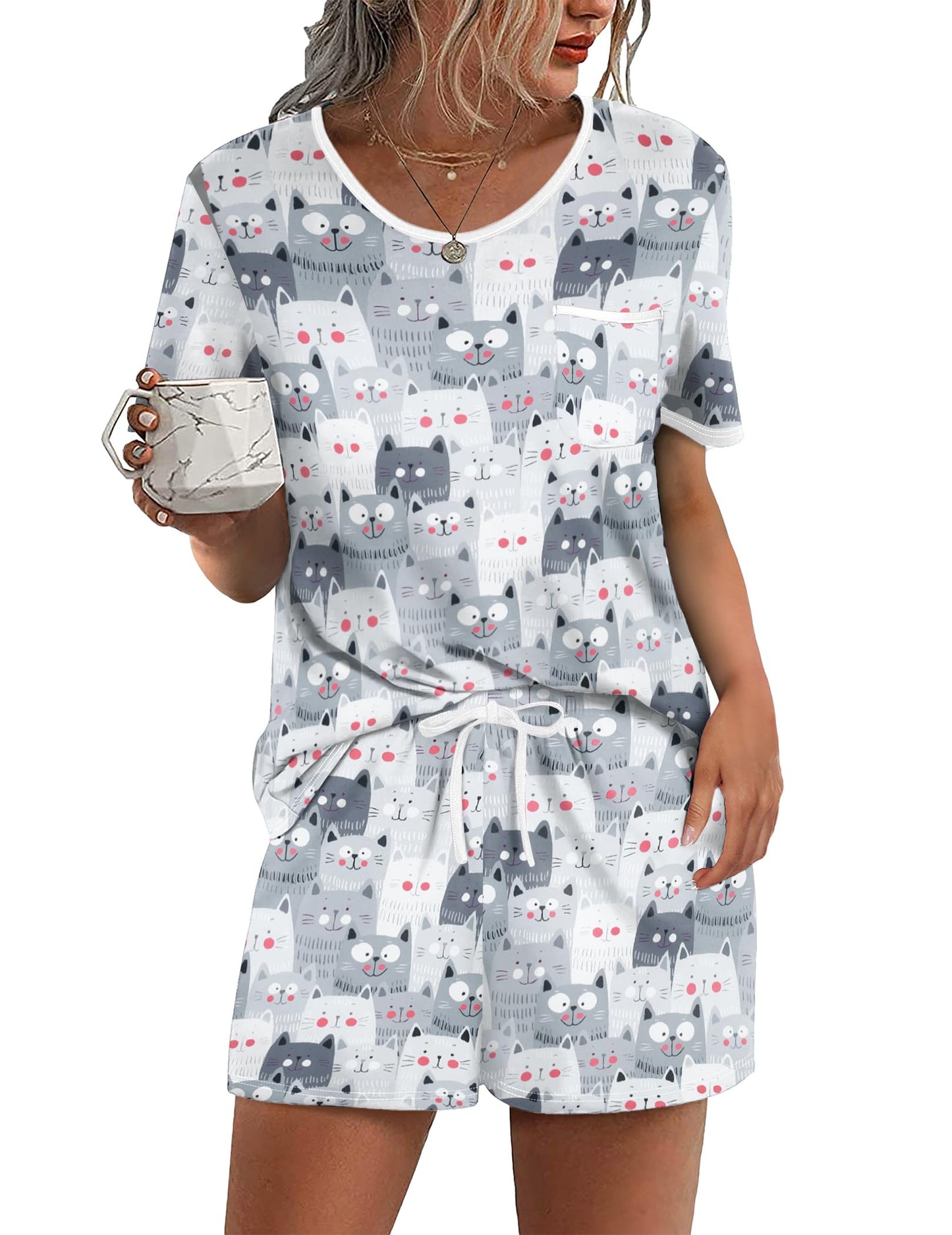 Pajama Set for 2 Piece Lounge Set Short Sleeve Tops and Shorts Soft Sleepwear, Chest Pocket