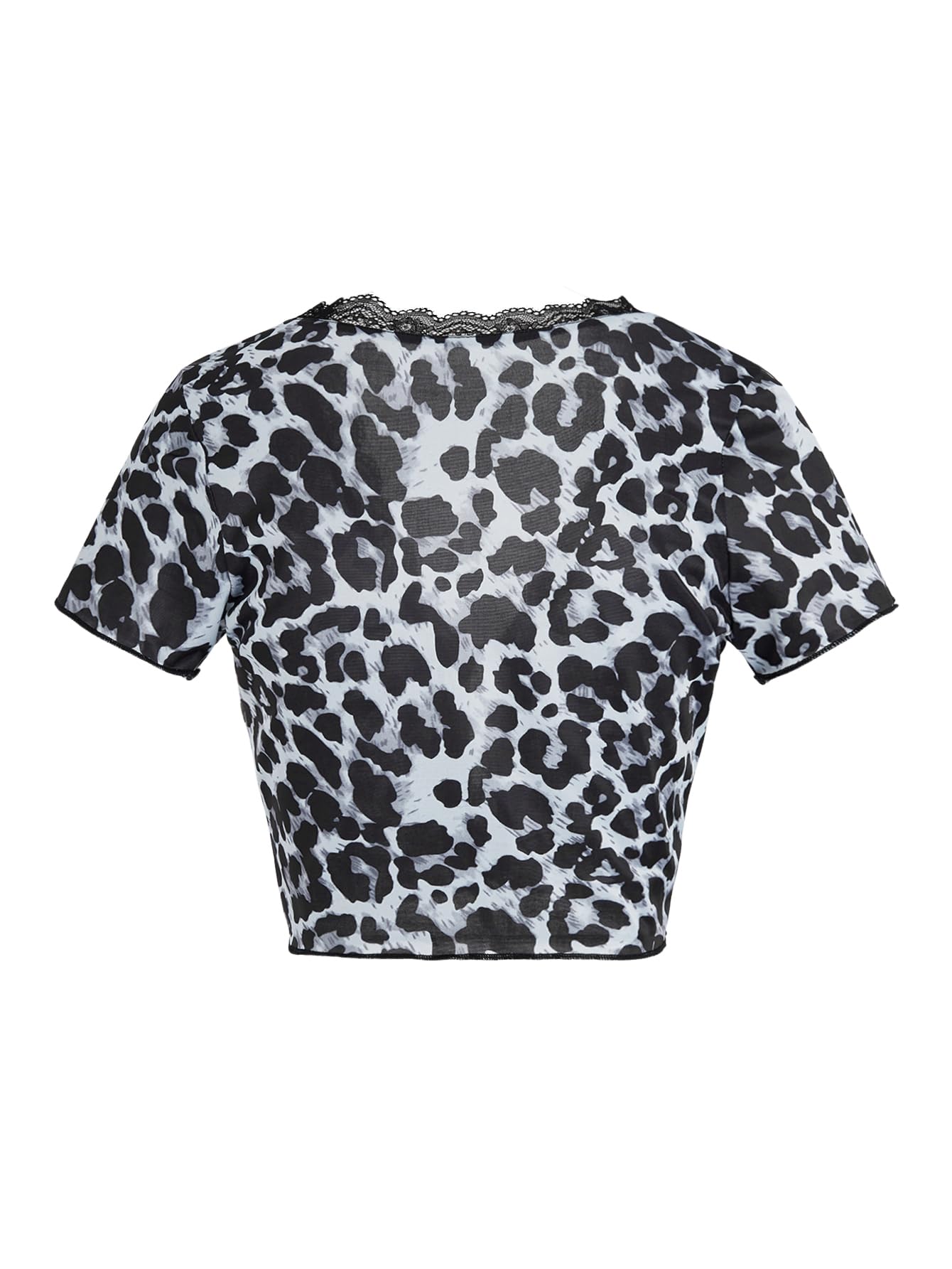 Women's Y2k Lace Leopard Print Deep V Neck Tie Front Short Sleeve Shirt