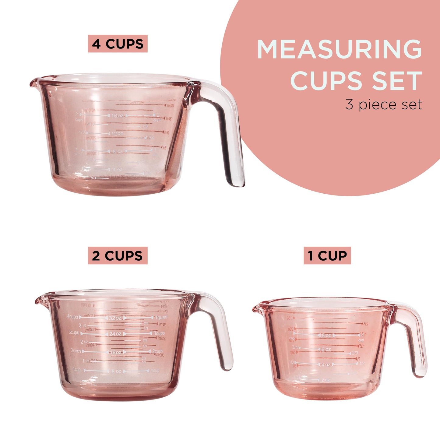 COOK WITH COLOR Glass Measuring Cups - Ideal for Cooking and Baking, Pink