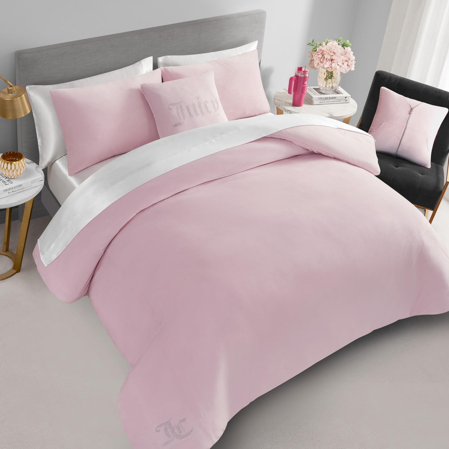 Juicy Couture Solid Velour 3-Piece King Comforter Set – Luxurious Bedding Ensemble