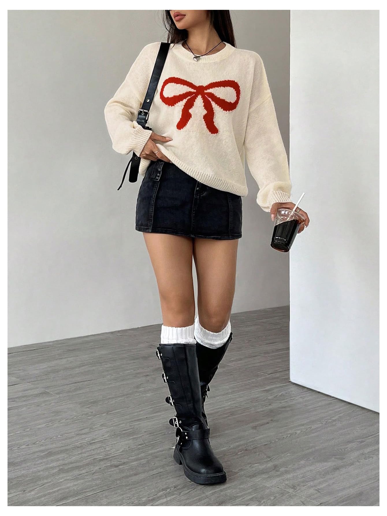 Women's Bow Print Crew Neck Long Sleeve Sweater Drop Shoulder Oversized Pullover