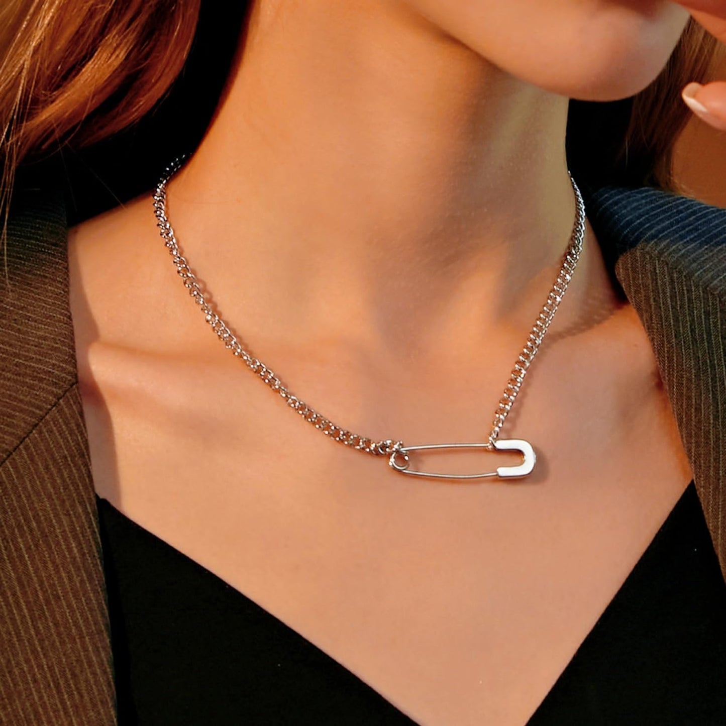 Safety Pin Necklace Heart Pendant