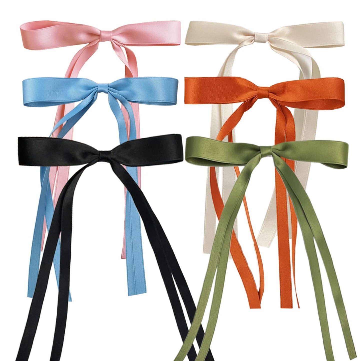 Satin 4-Piece Hair Ribbon Clips for Women and Girls – Pink and Beige Long Tail Bow Hair Accessories