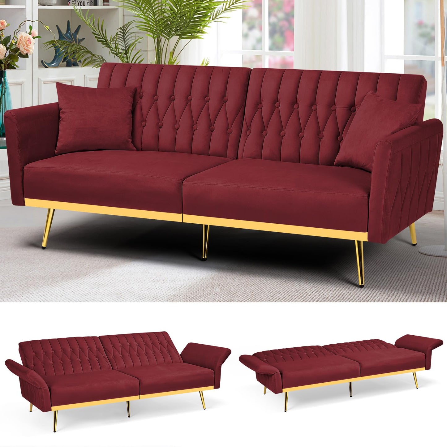 Velvet Futon Sofa Bed with 2 Pillows and Adjustable Armrests, 70”