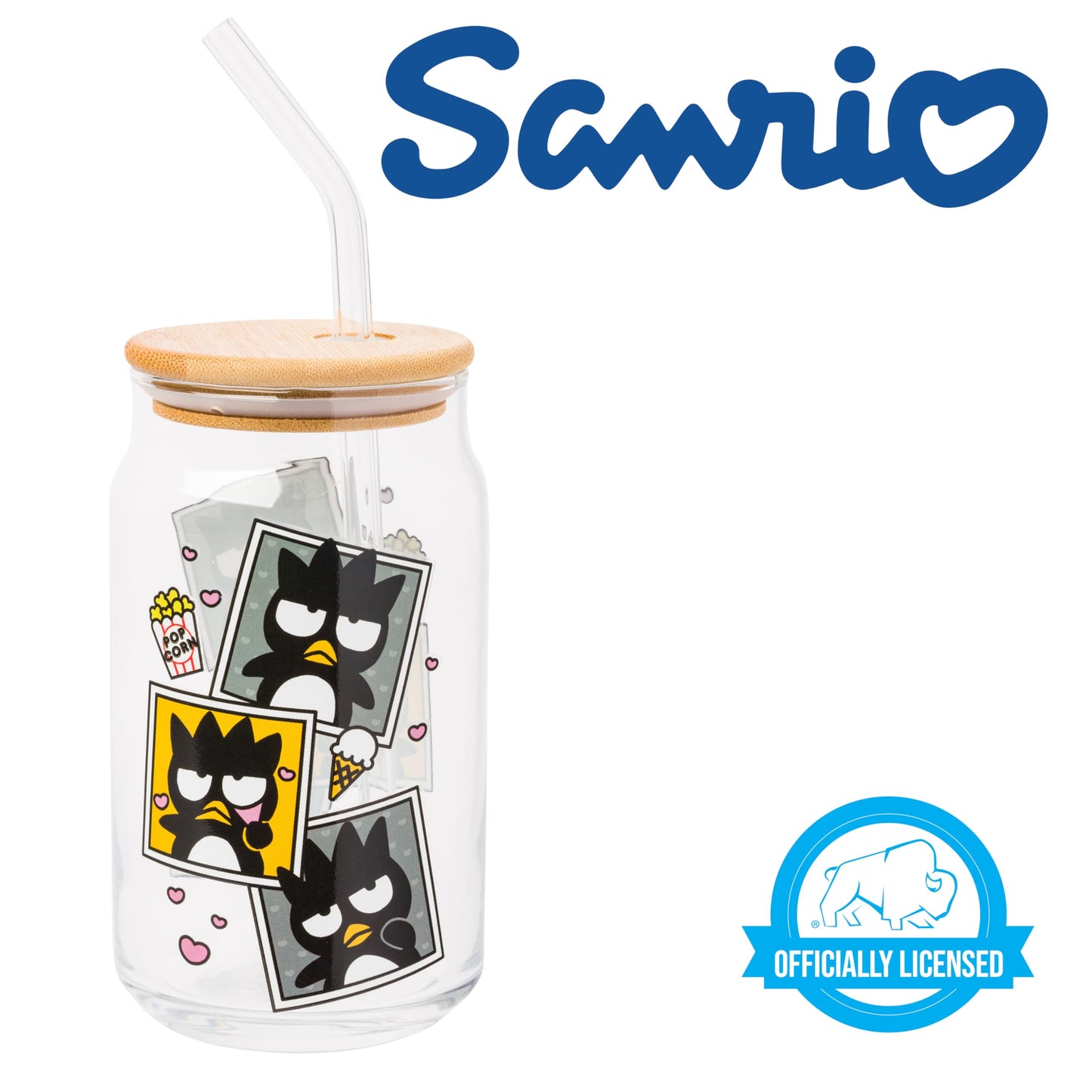 Sanrio Glass Jar Tumbler with Bamboo Lid and Glass Straw, 16 Ounces