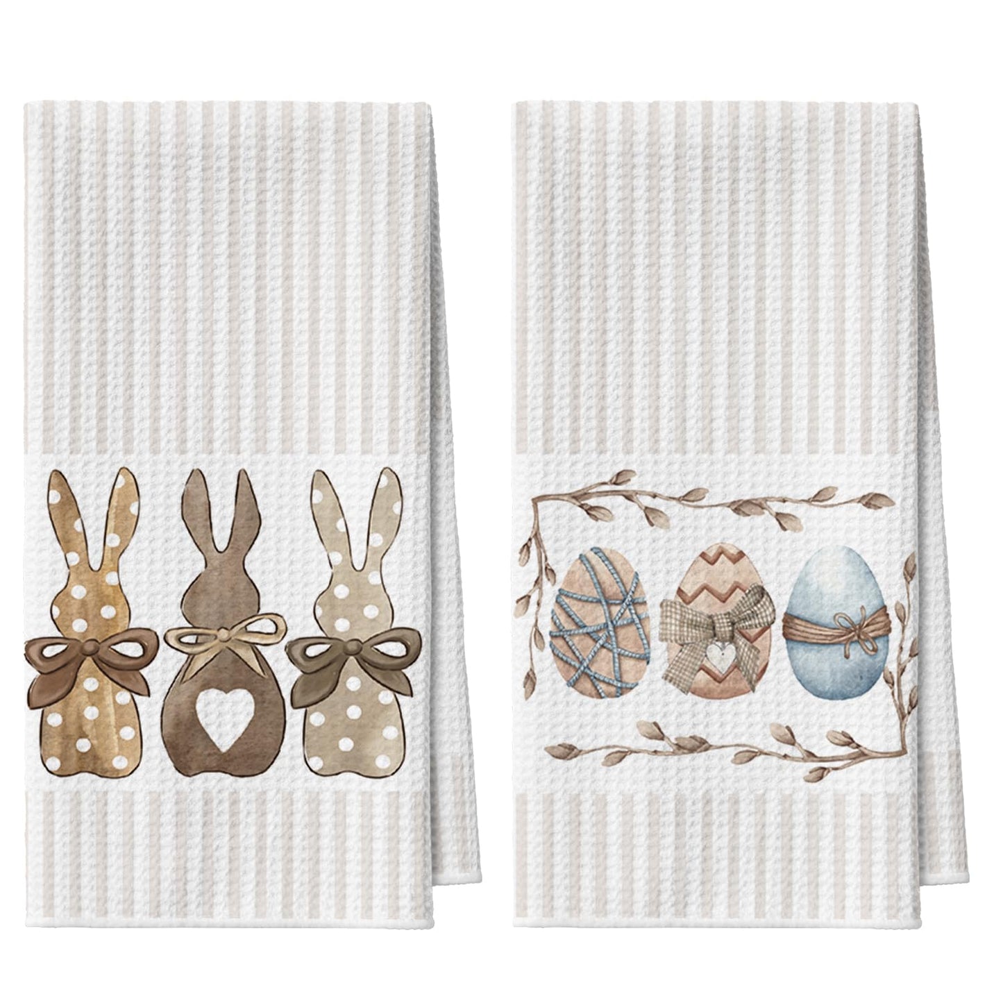 Stripe Rabbit Bunny Eggs Easter Kitchen Towels Dish Towels, Set of 2