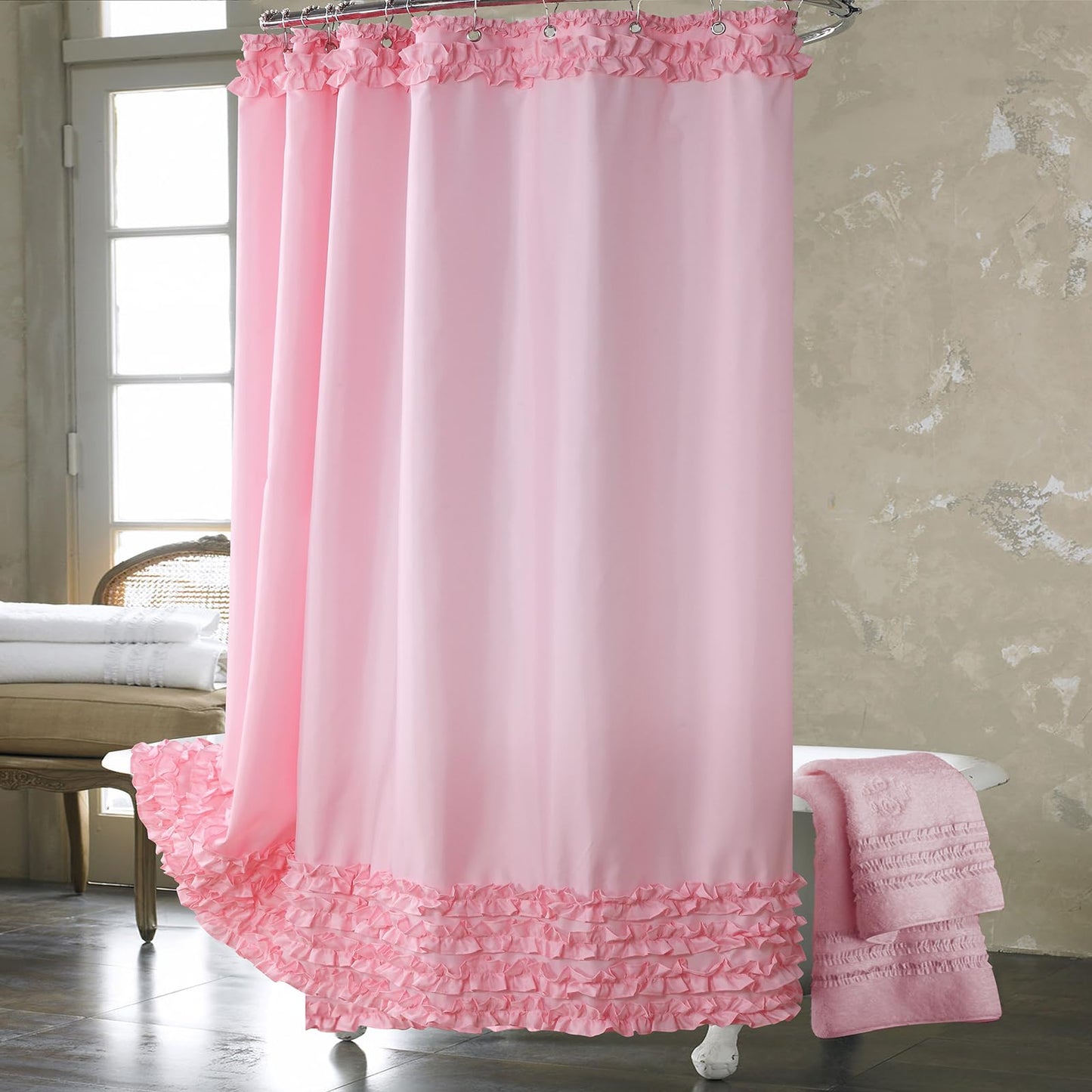 Ruffle Shower Curtain, Pink Fabric Shower Curtain with Handmade Ruffles, Farmhouse Chic Bath Curtains, 72" W x 72" H