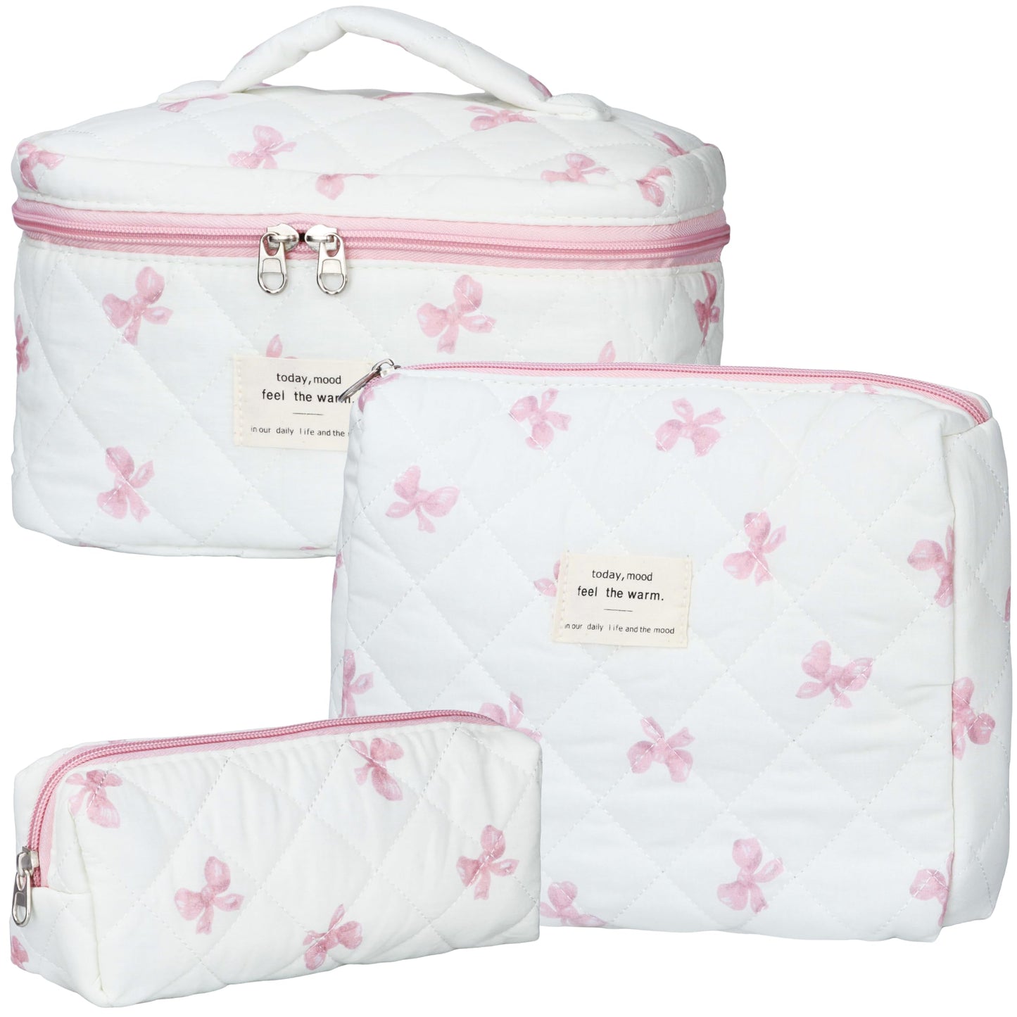 Quilted 3-Piece Makeup Bag Set – Large Coquette Aesthetic Cotton Cosmetic and Travel Toiletry Organizers