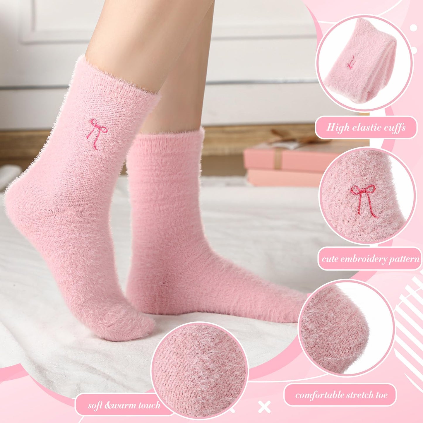 Women's Bow Fuzzy Socks Winter Crew Slipper Socks Coquette 5 Pcs