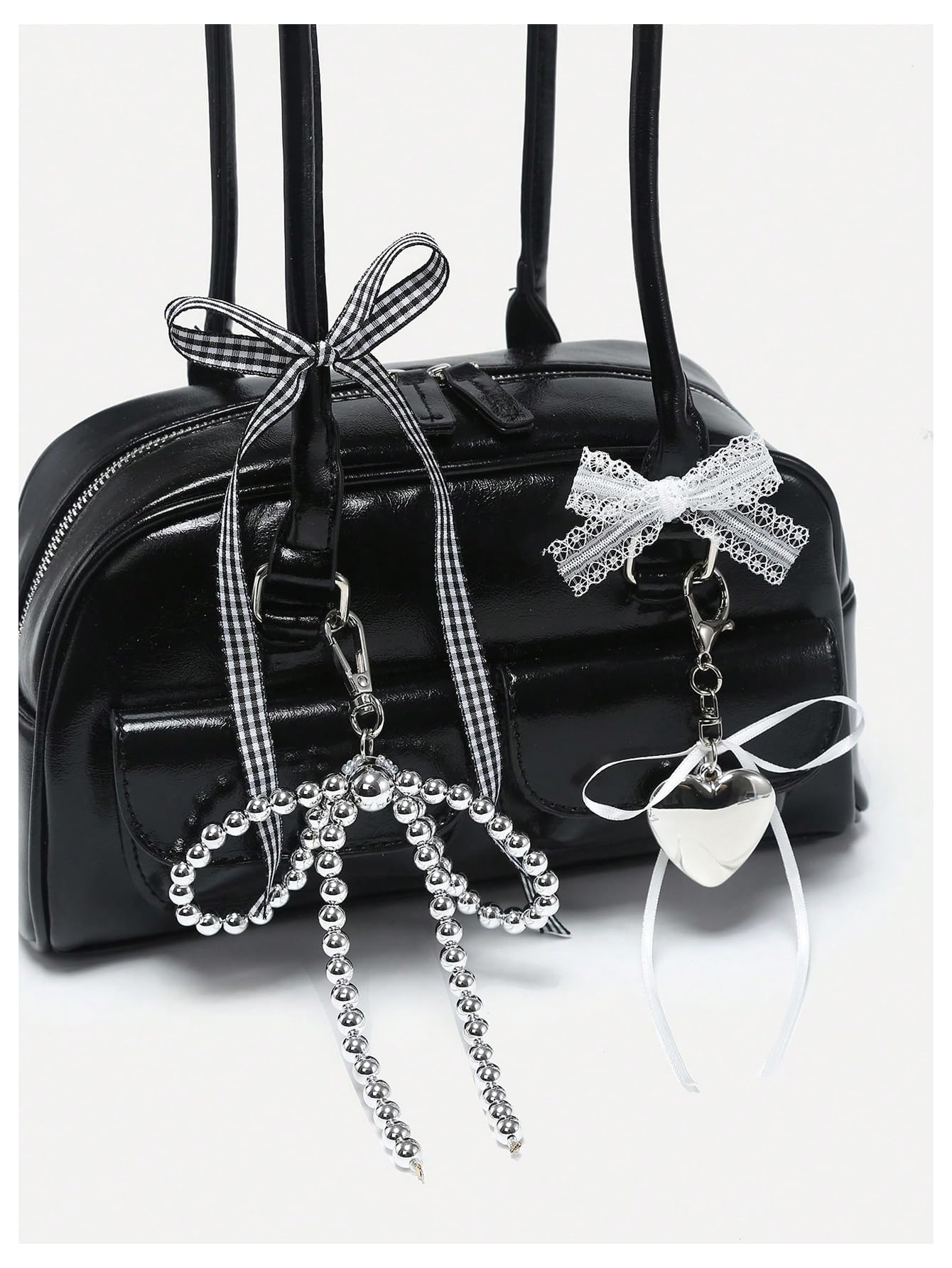 Women's Y2K Bow Knot Shoulder Bag Zipper Double Handle Handbag PU Leather Purse