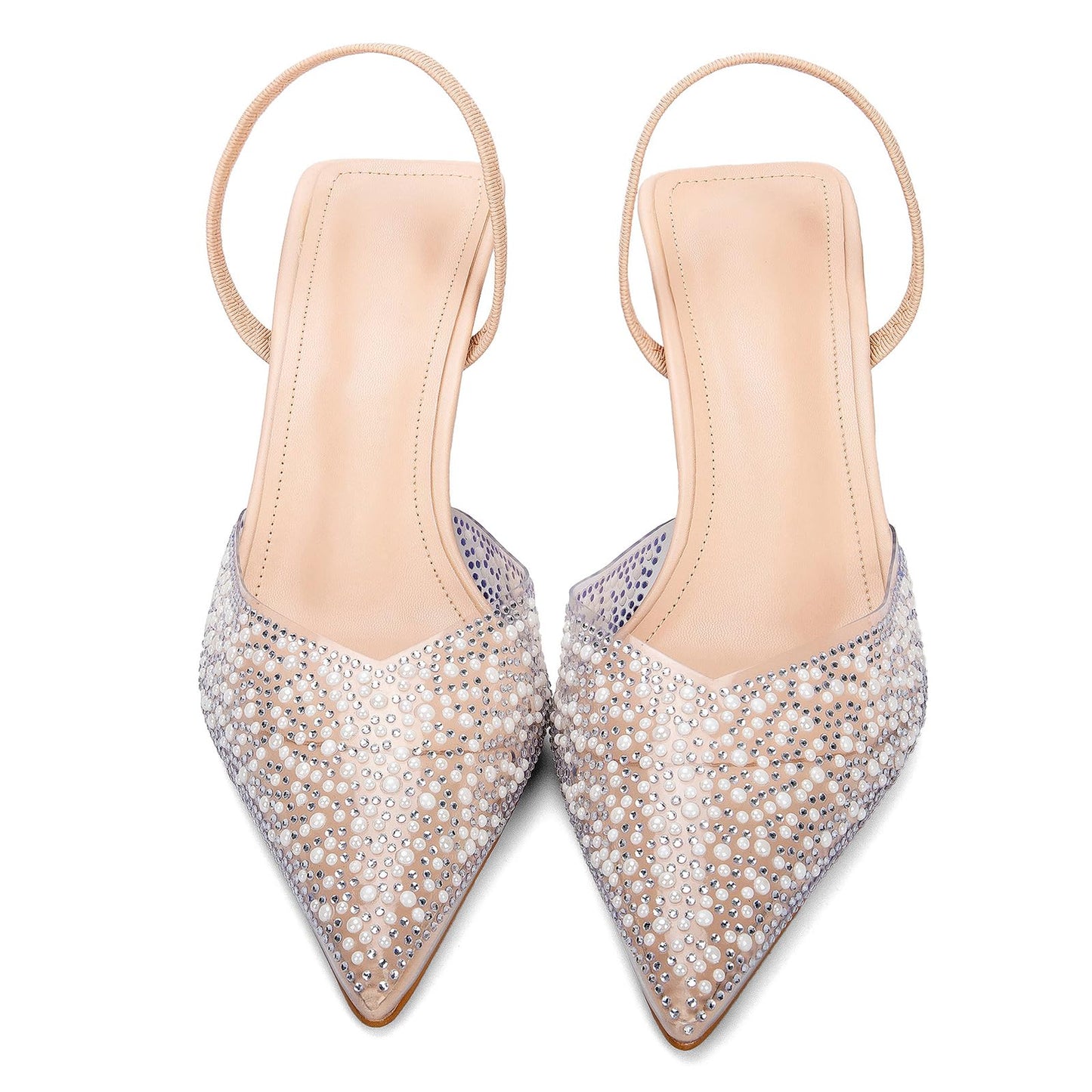 Women's Sparkly Rhinestone Slip On Clear Slingback Kitten Heels with Pearl Studded Pointed Toe