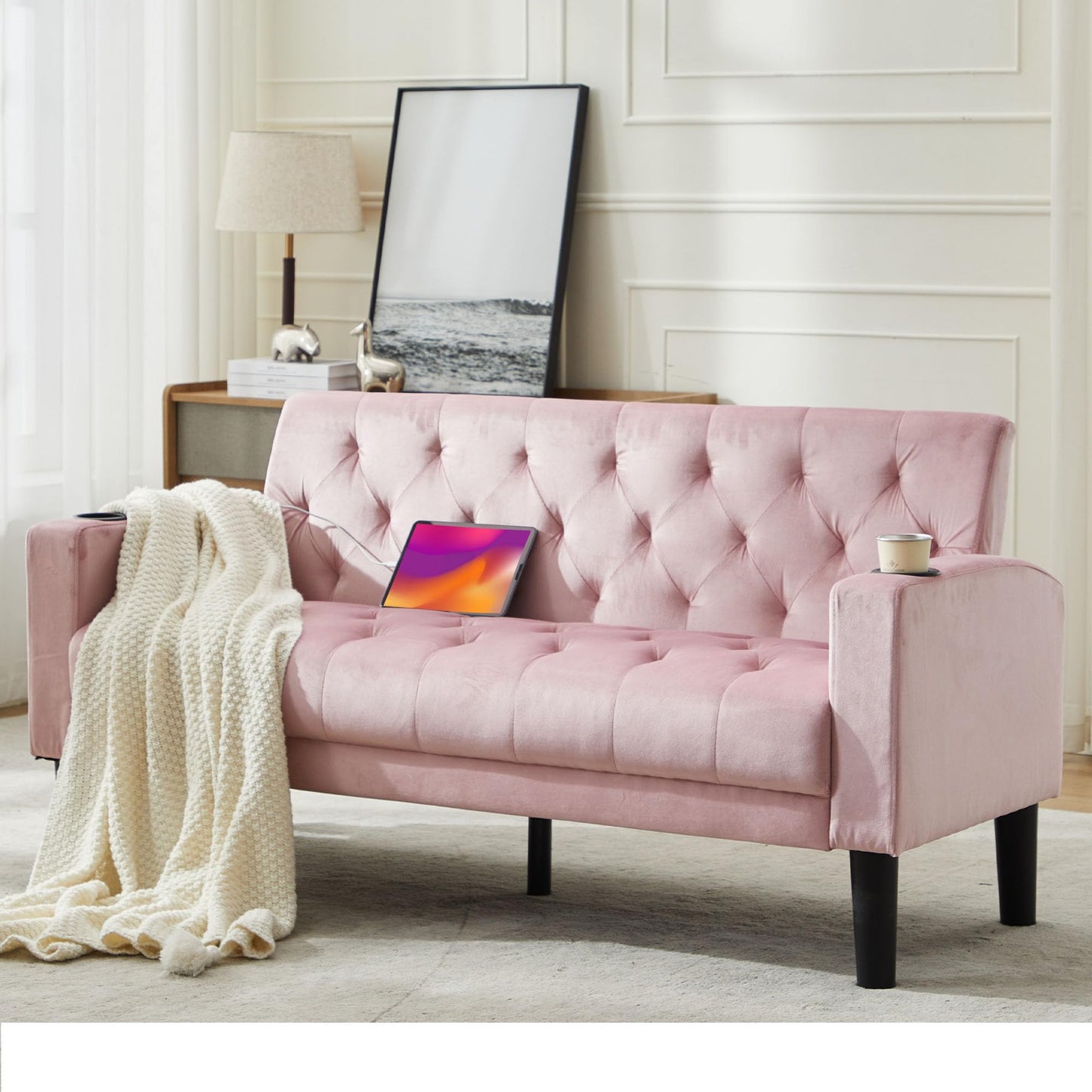 Loveseat Sofa w/ 2 USB Charger Ports and 2 Cupholders, Mid-Century Modern Tufted Pink Velvet