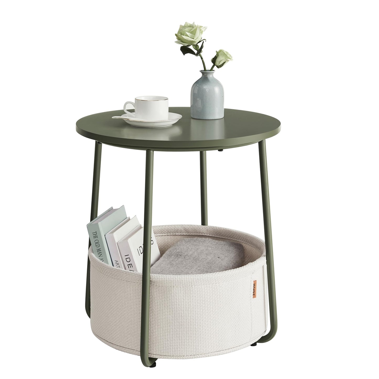 Small Bedside Table with Fabric Basket, Modern Nightstand, Round Side Table