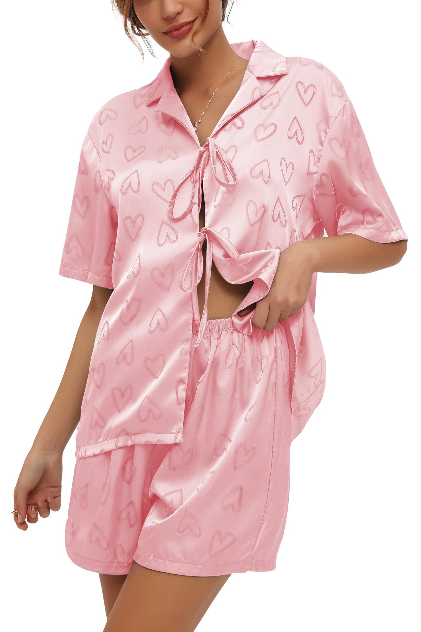 Women's Silk Satin Pajamas Sets Tie Front Short Sleeve Tops and Shorts Two Piece Pj Sets Sleepwear