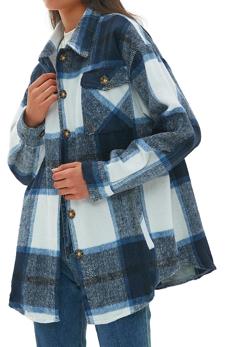 Women's Casual Flannel Plaid Shacket Button Down Long Sleeve Shirt Jacket Coats with Pockets