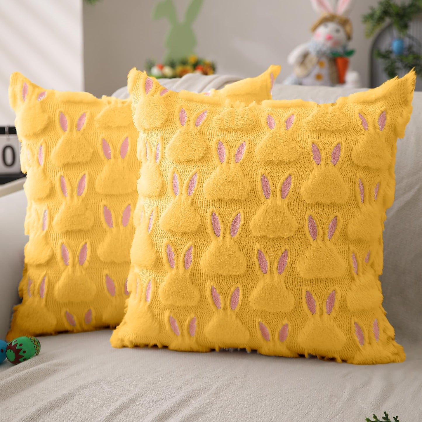 Easter Bunny Pillow Covers | Set of 2 Easter Soft Plush Faux Fur Jacquard Throw Pillows