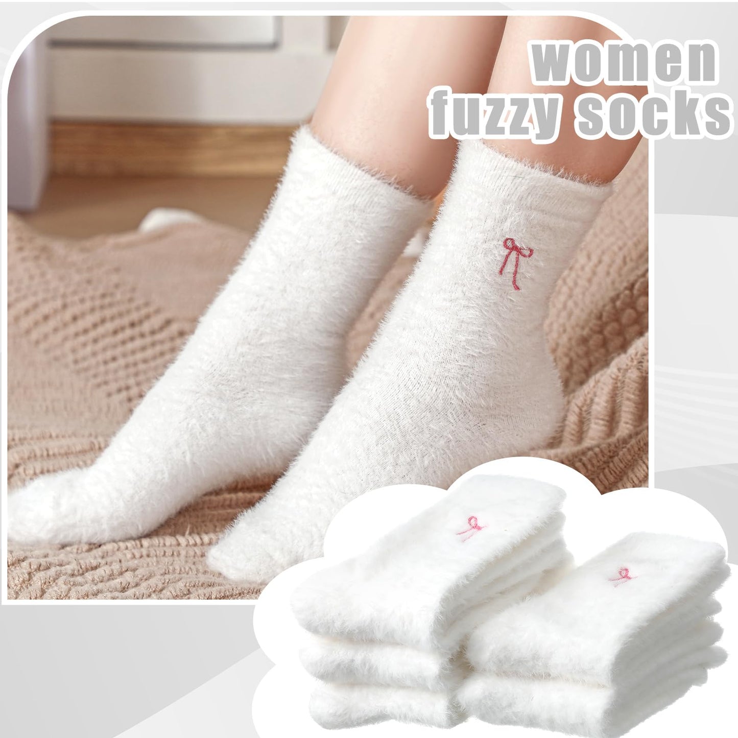 Women's Bow Fuzzy Socks Winter Crew Slipper Socks Coquette 5 Pcs