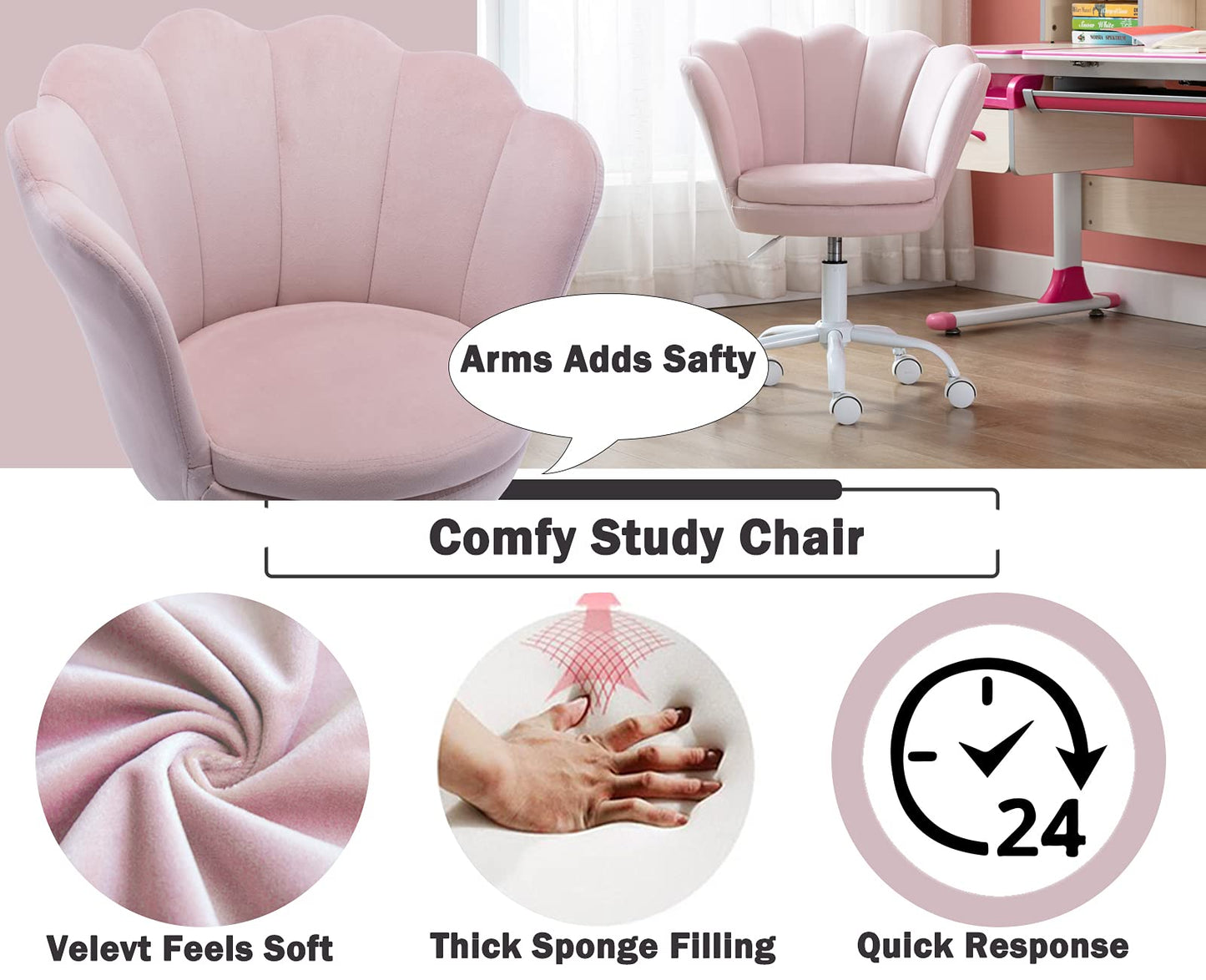 Cute Adjustable Kids Desk Chair - Modern Upholstered Velvet Swivel Rolling Armchair Seashell Back