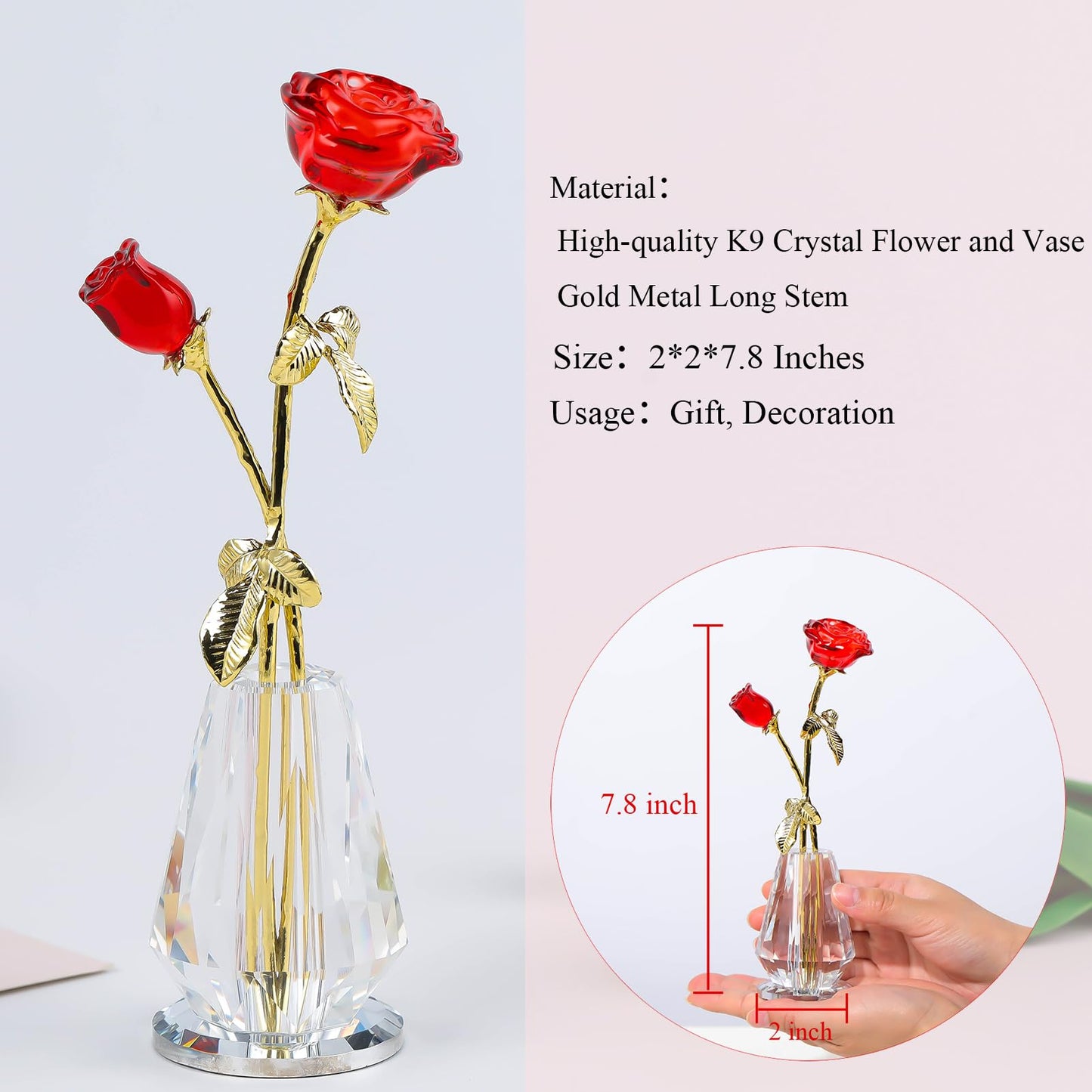 Crystal Rose Flowers Figurines Home Decor, Glass Roses with Stems