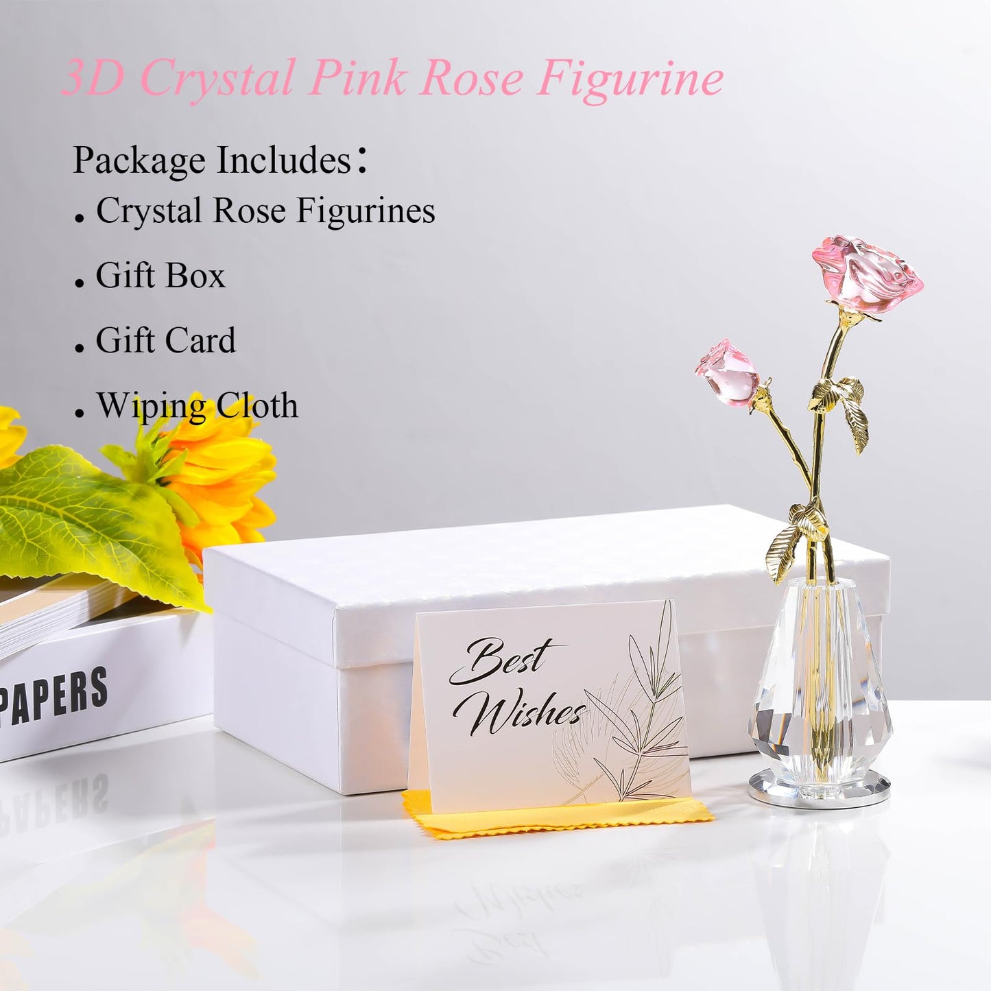 Crystal Rose Flowers Figurines Home Decor, Glass Roses with Stems