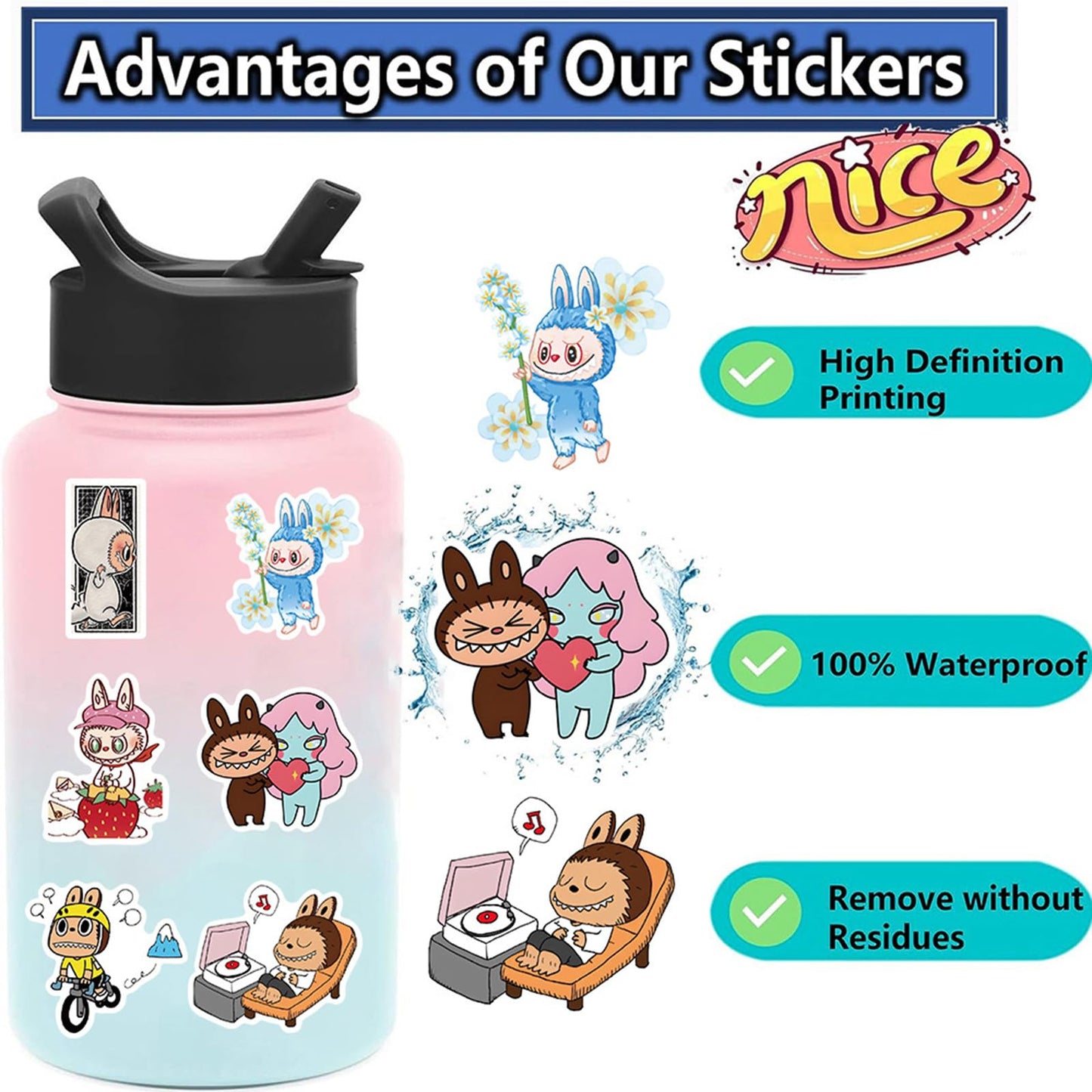 Kawaii Stickers, 50pcs Cute Cartoon Waterproof Vinyl Decal