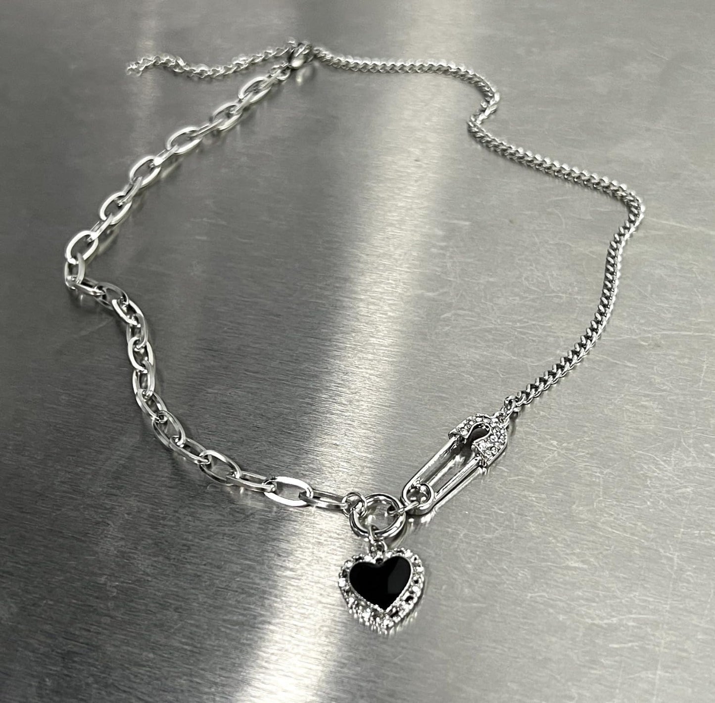 Safety Pin Necklace Heart Pendant