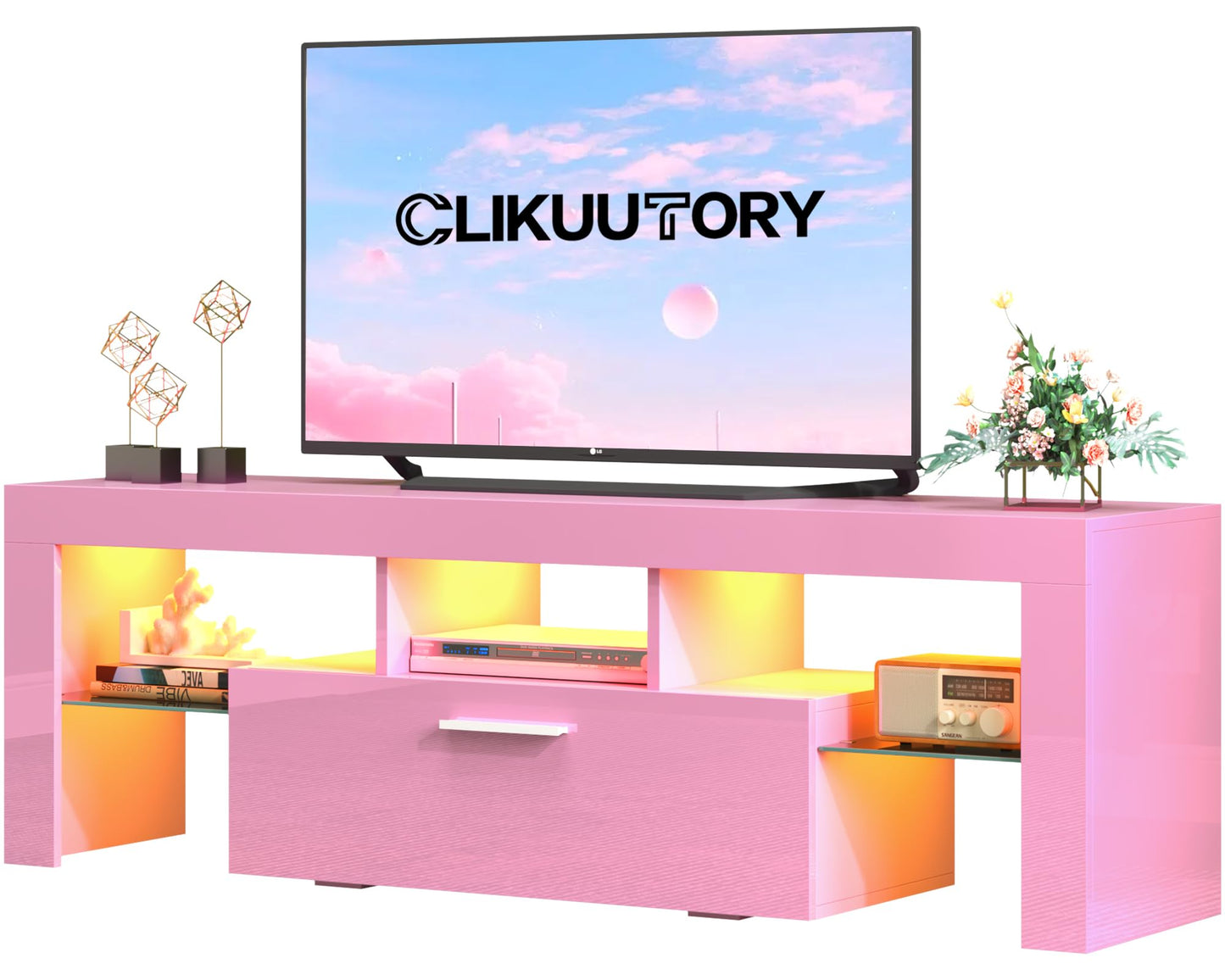 LED TV Stand with Large Storage Drawer -  Modern High Gloss TV Console Table with Entertainment Center