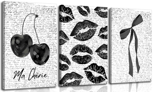 Dark Coquette Vintage Fashion Black White Aesthetic Bow, Lips And Cherry Canvas Wall Art 3Pcs