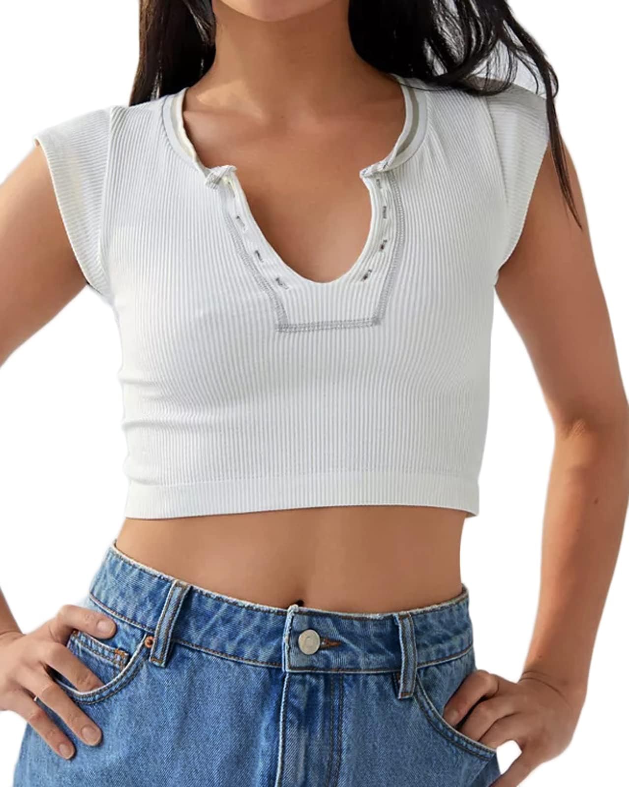 Crop Top Crew Neck T-Shirt Short Sleeve - Ribbed Knit Basic Crop Tank Top